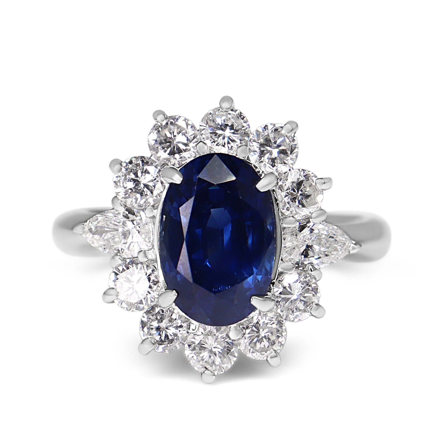 Platinum oval sapphire diamond halo cluster ring top view