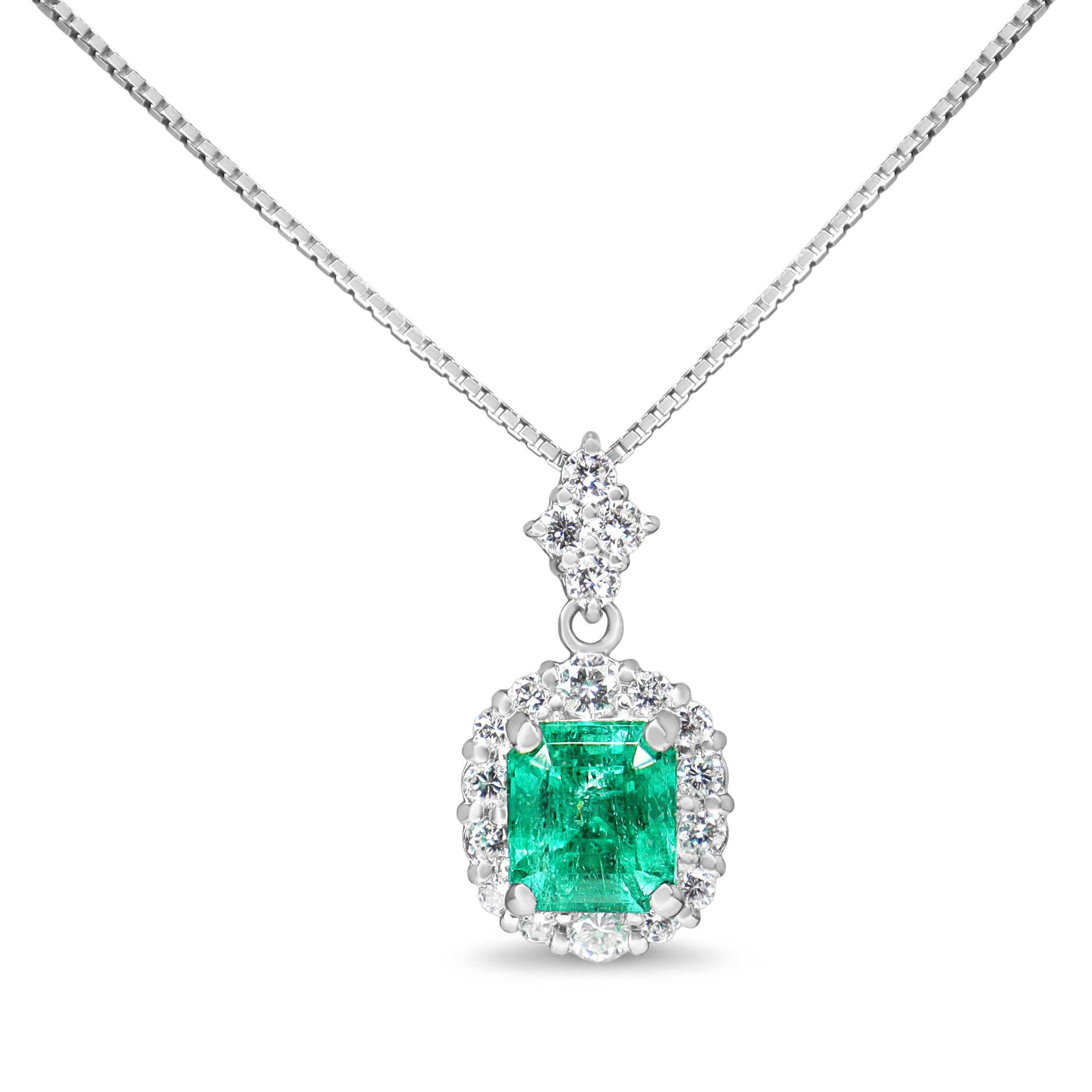 Platinum Emerald and Diamond Halo Necklace