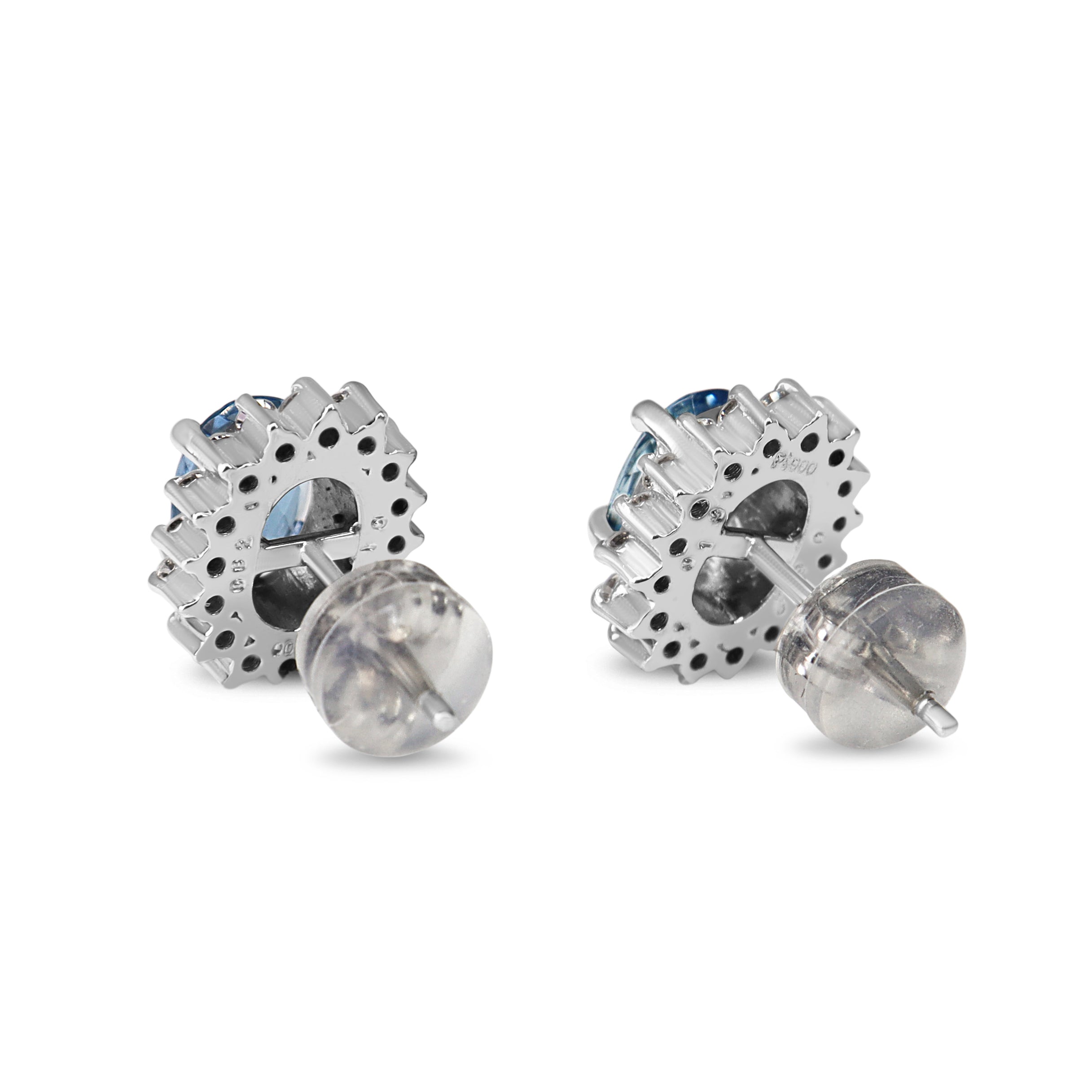 Platinum Aquamarine and Dimaond Halo Stud Earrings