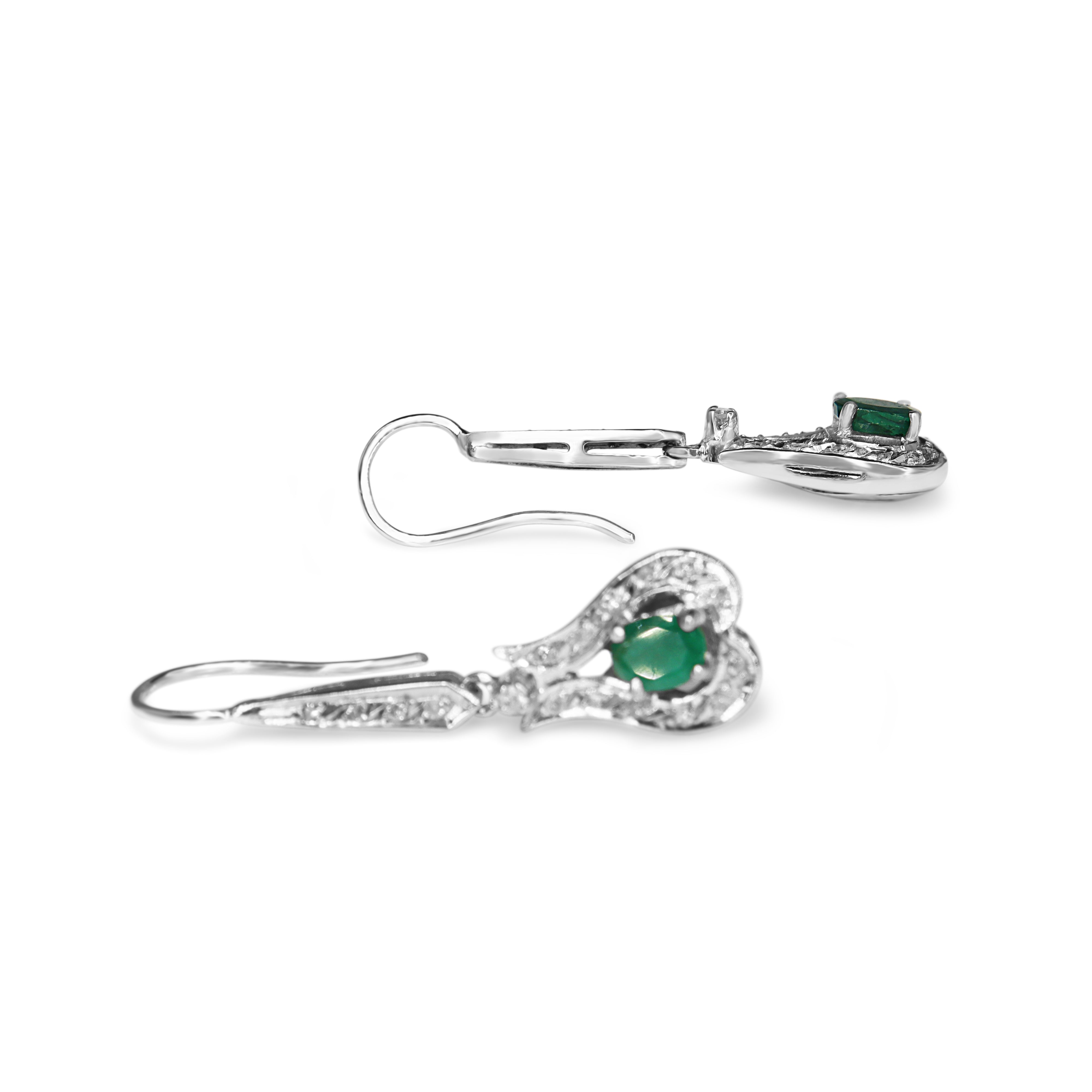Palladium Emerald and Single Cut Diamond Deco Earrings