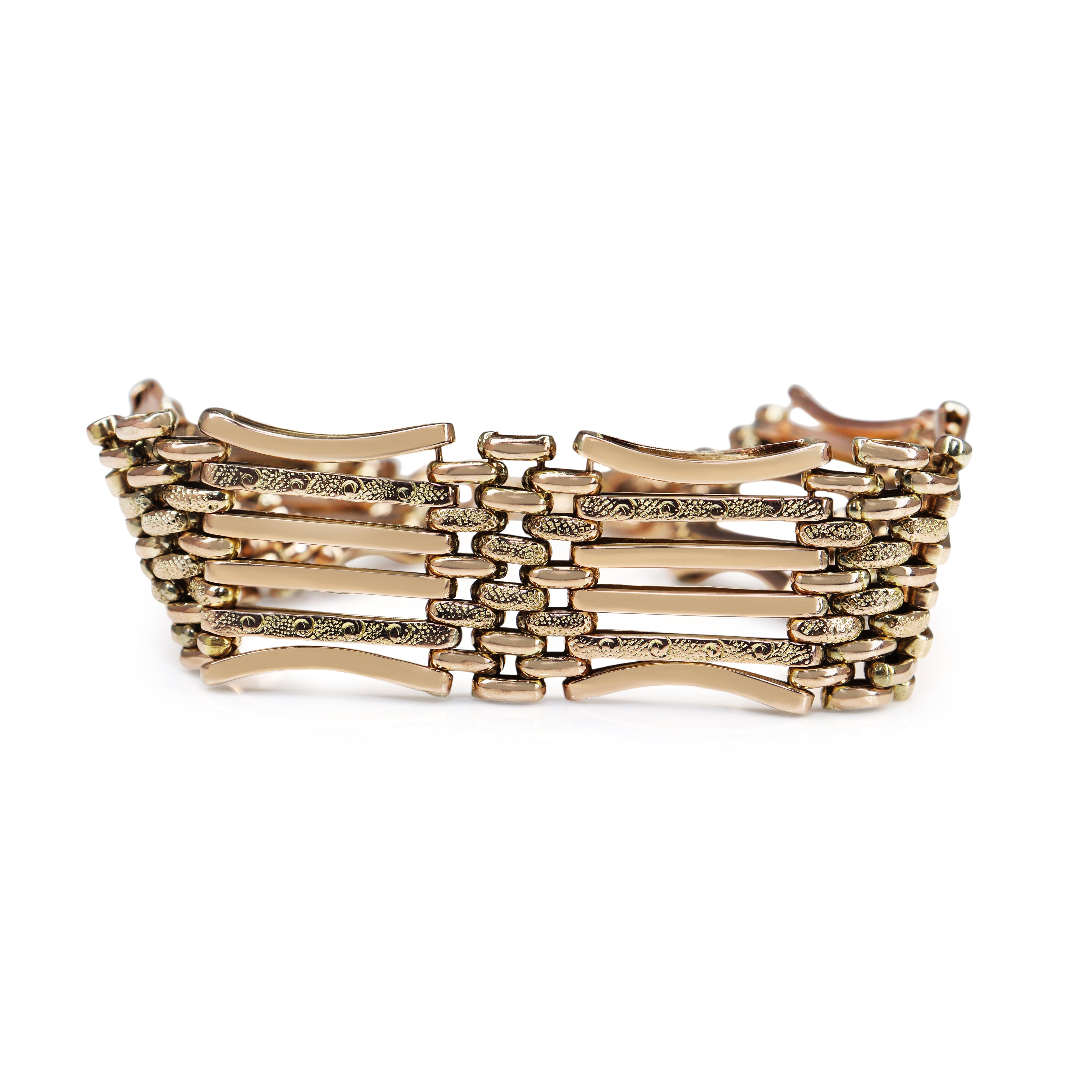 9ct Rose Gold Gate Link Bracelet with Etched Links and Padlock Clasp