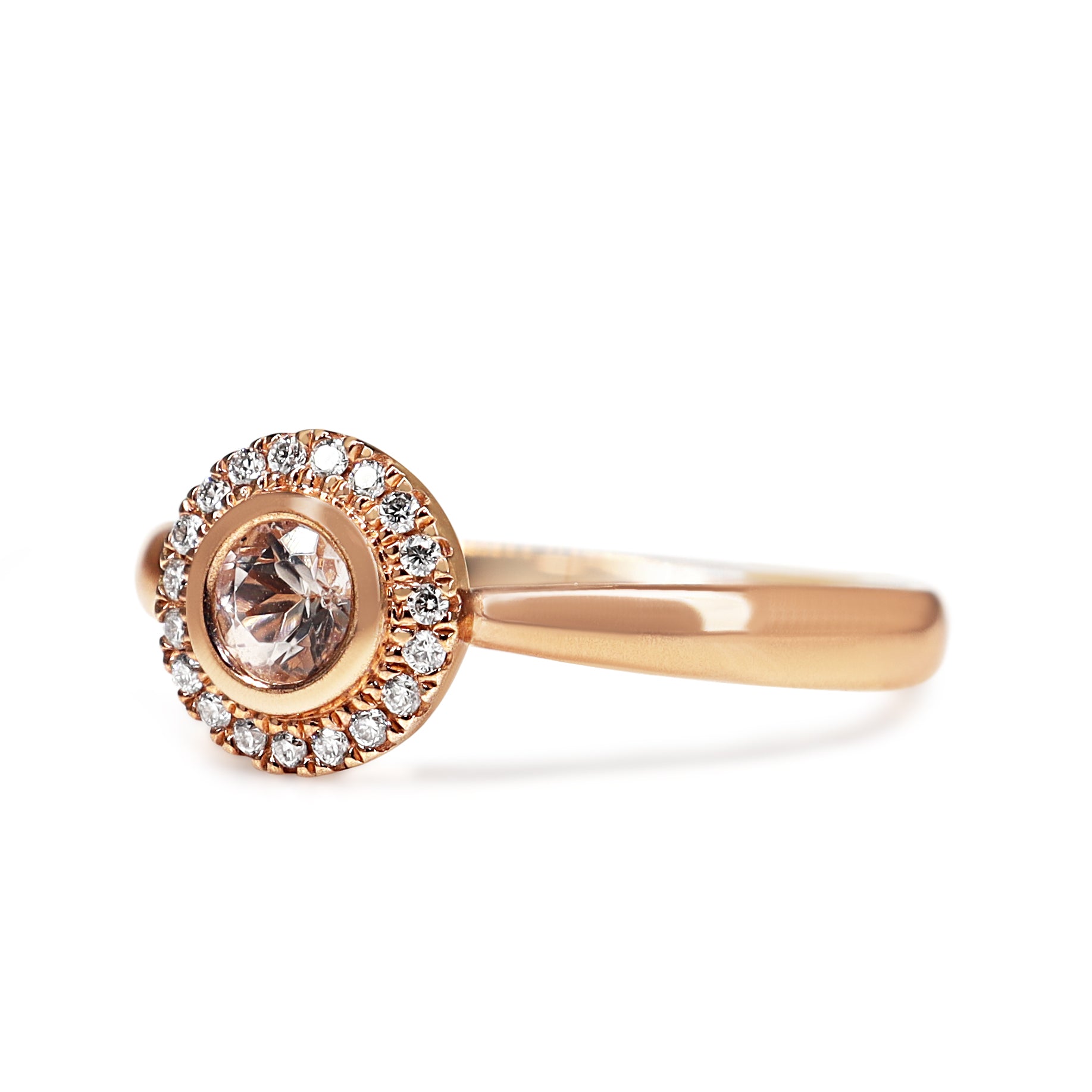 9ct Rose Gold Morganite Diamond Halo Ring