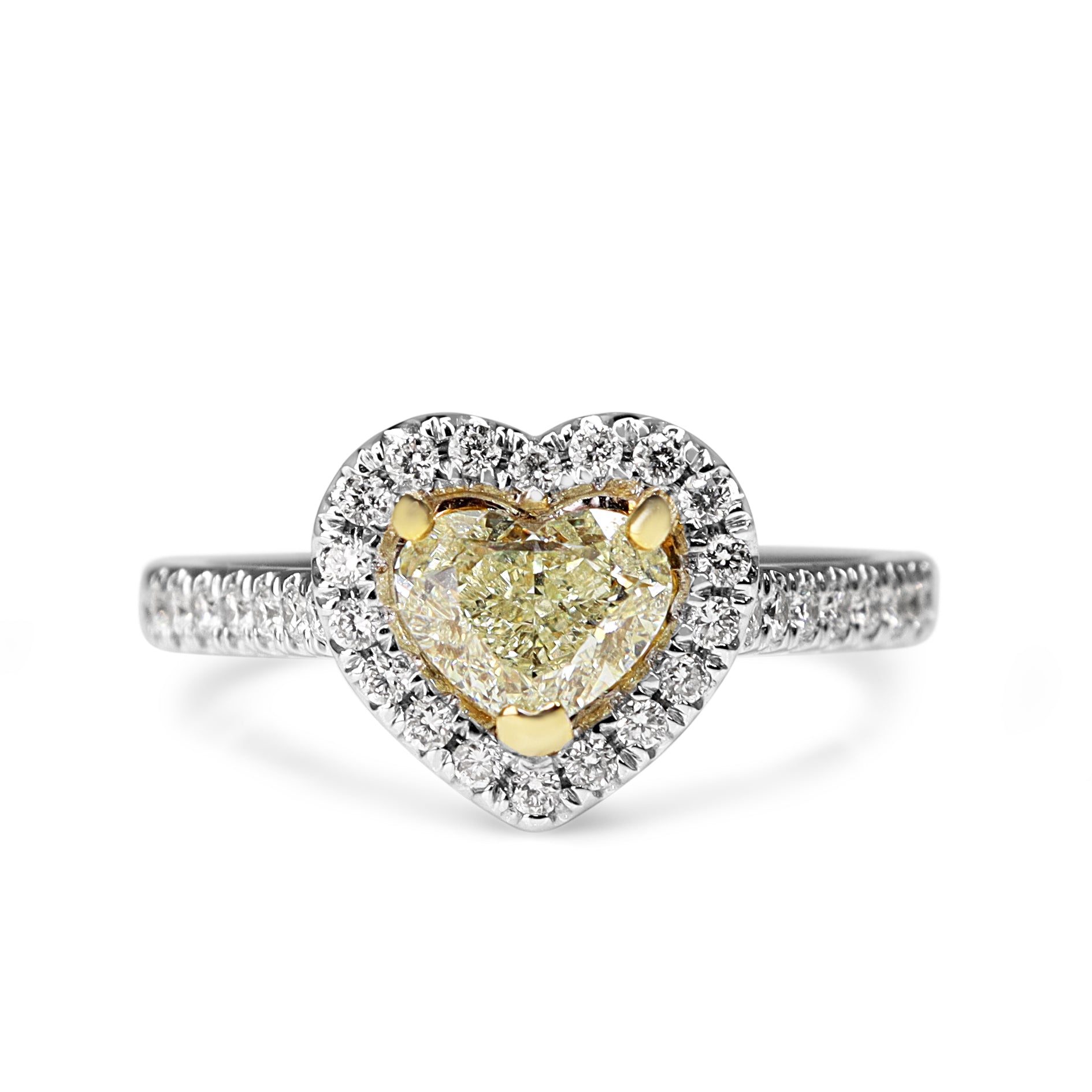 18ct Yellow and White Gold Yellow Heart Diamond Halo Ring