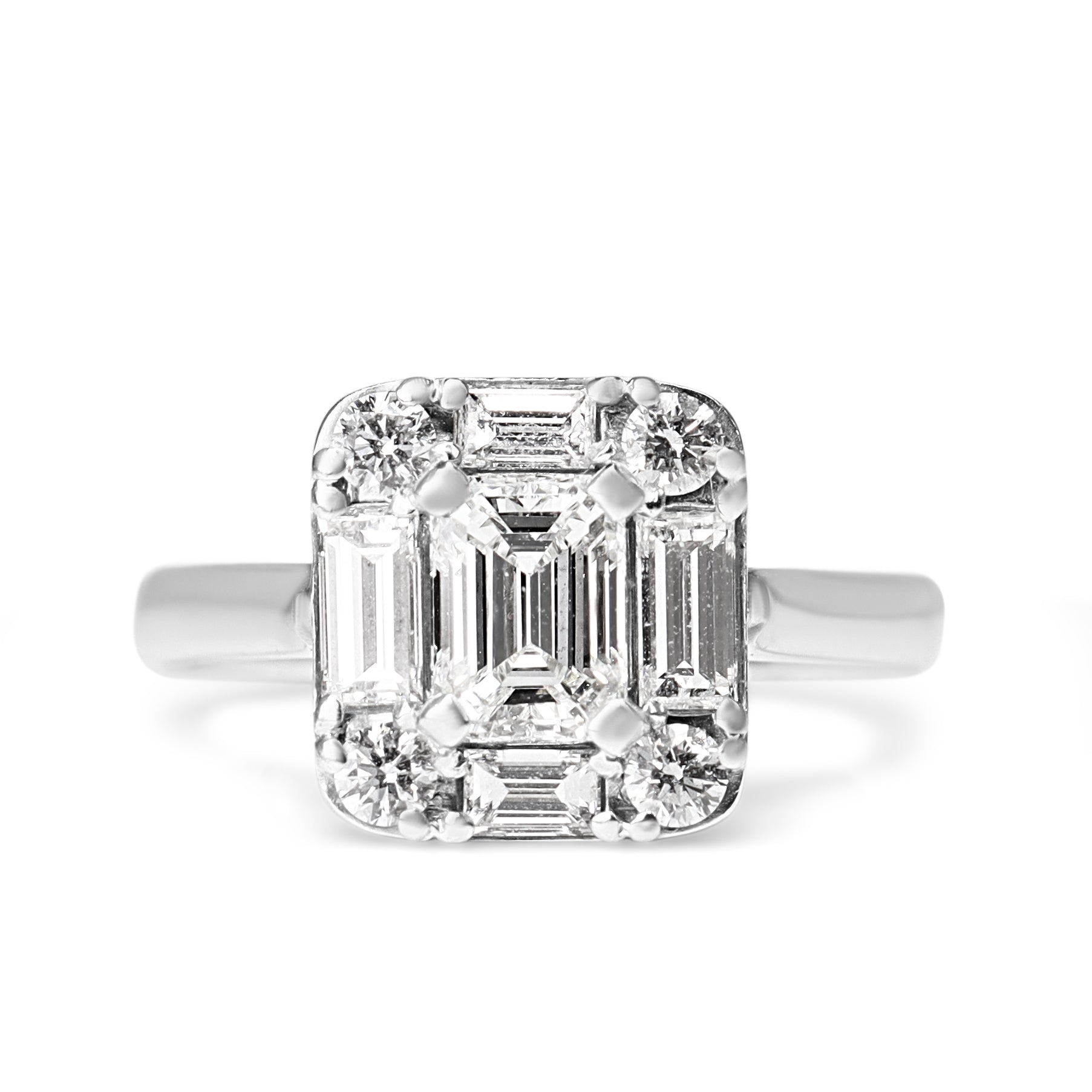 18ct White Gold Emerald, Baguette and Brilliant Cut Deco Style Diamond Ring