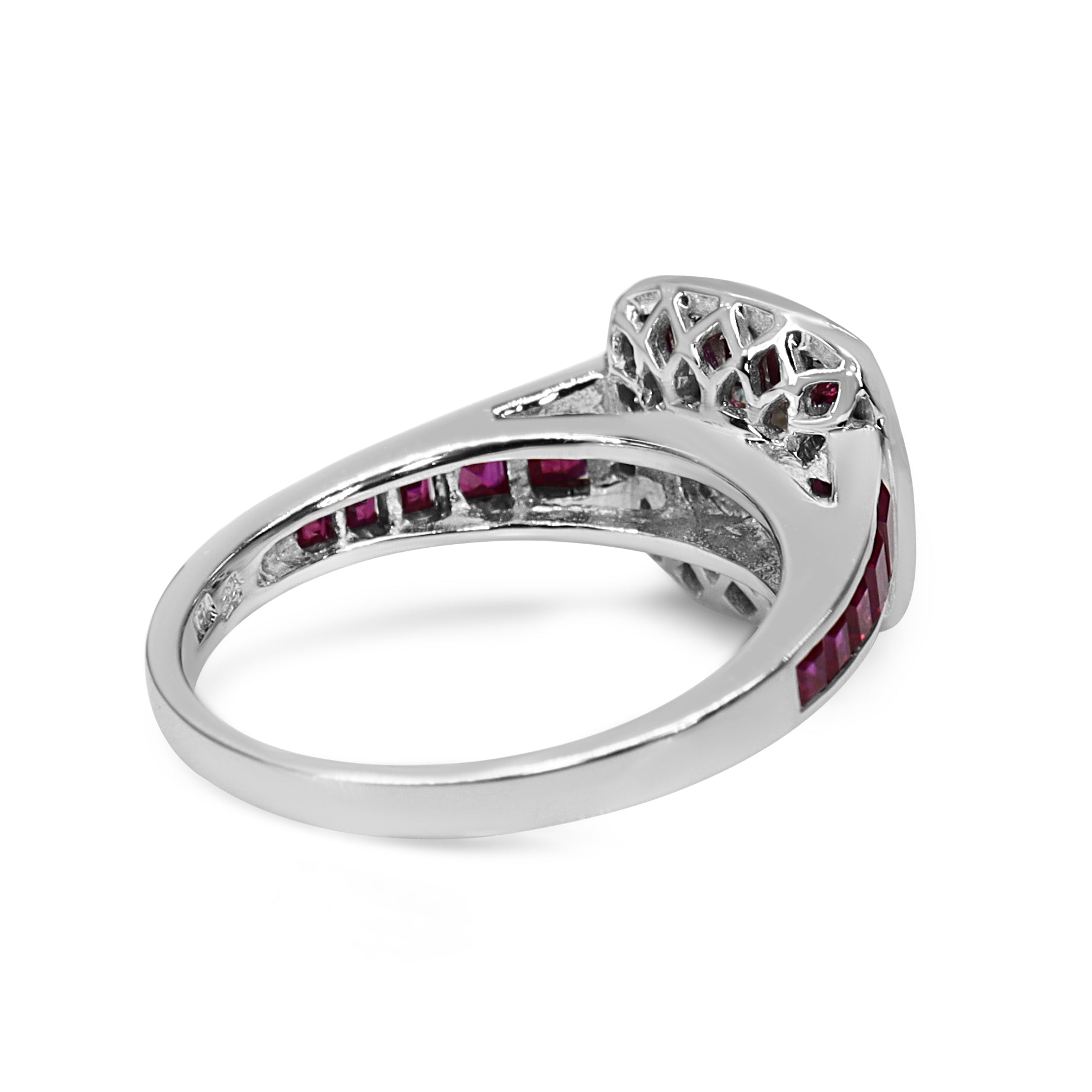 18ct White Gold Cushion Cut Diamond and Channel Set Ruby Halo Ring