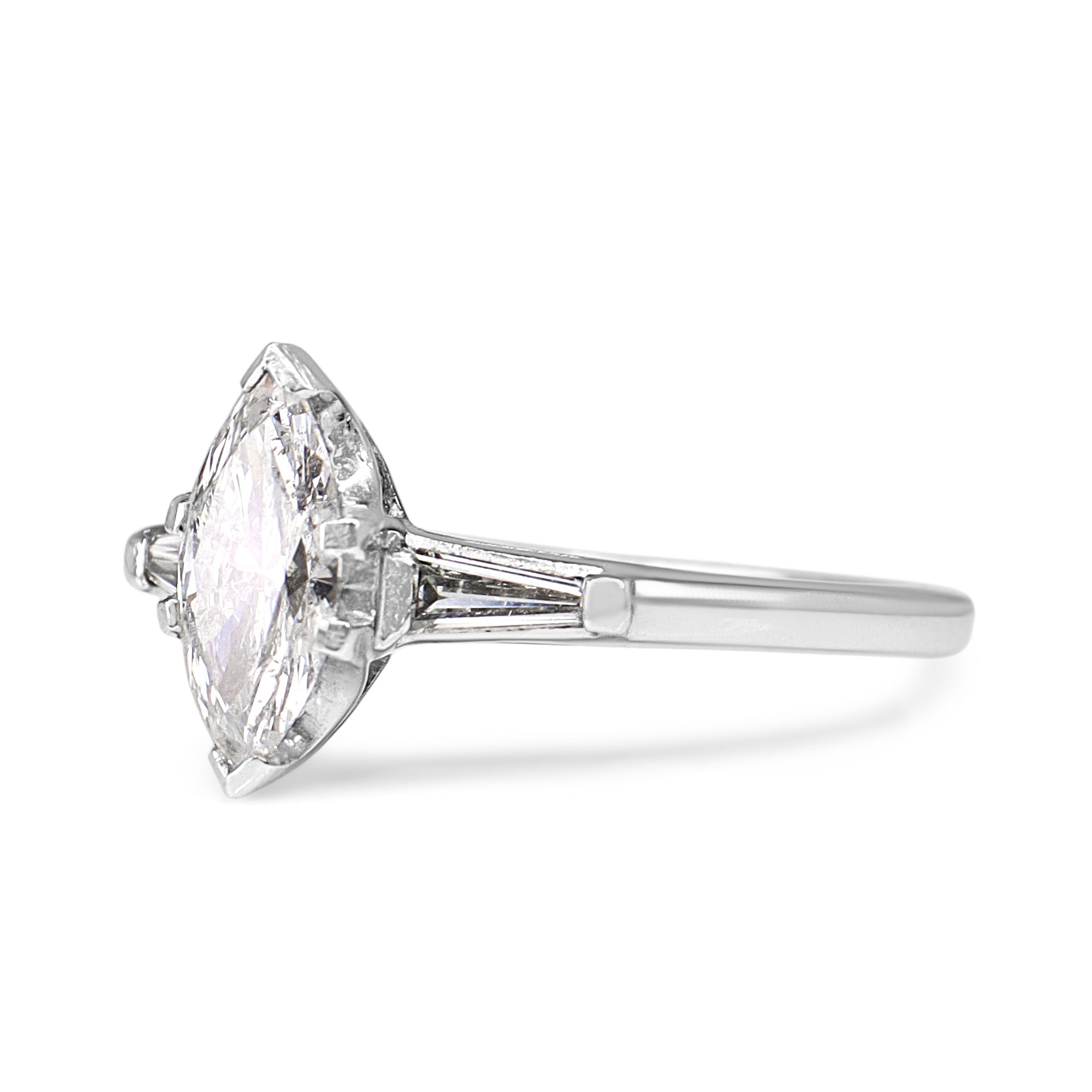 Platinum Marquise and Tapered Baguette 3 Stone Ring
