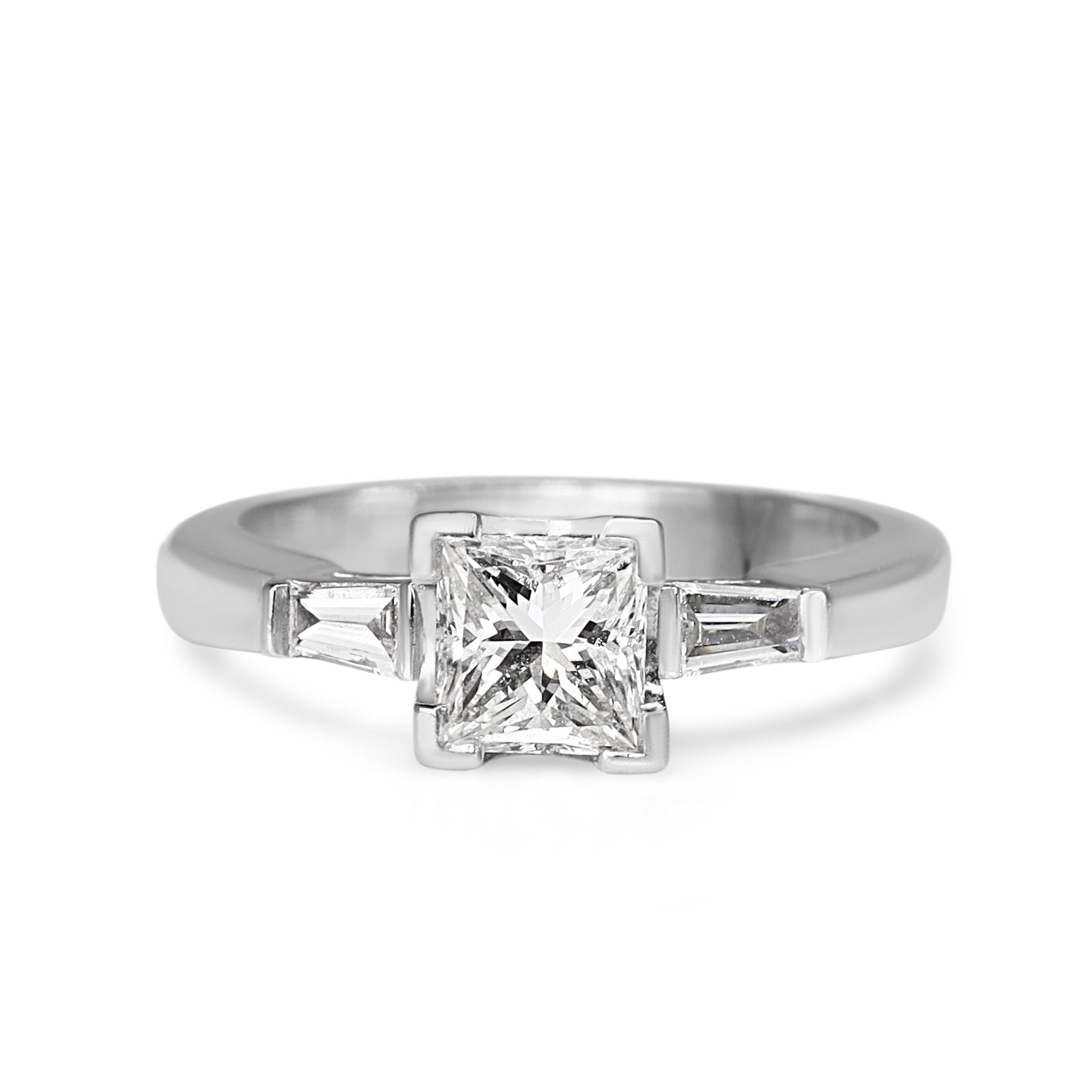 18ct White Gold Princess and Tapered Baguette 3 Stone Diamond Ring