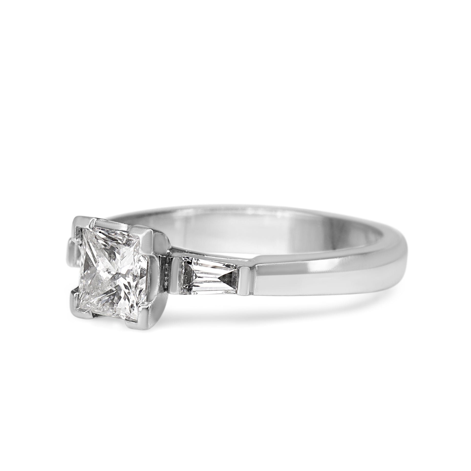 18ct White Gold Princess and Tapered Baguette 3 Stone Diamond Ring