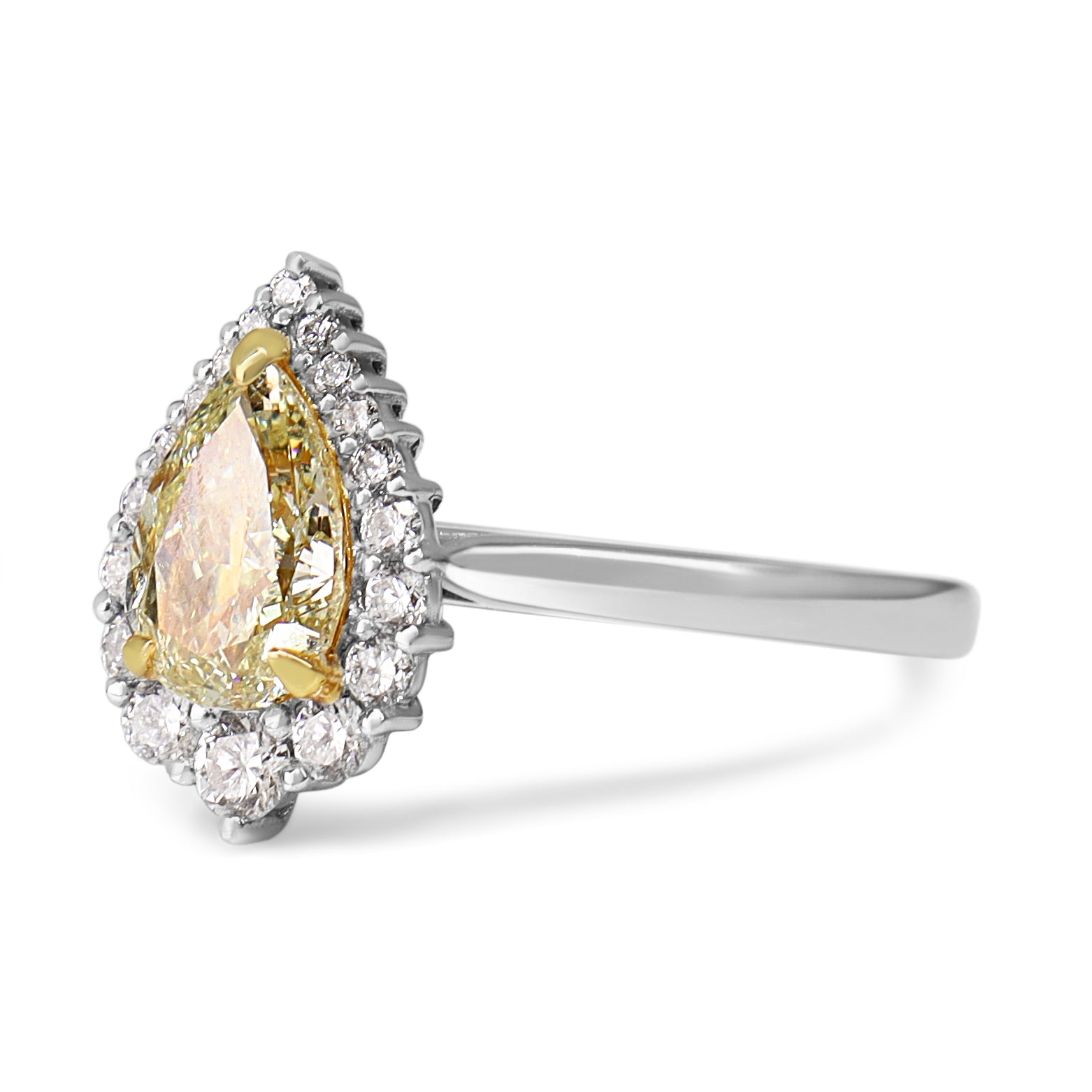 18ct White Gold Yellow Pear Diamond and Graduated Halo Ring