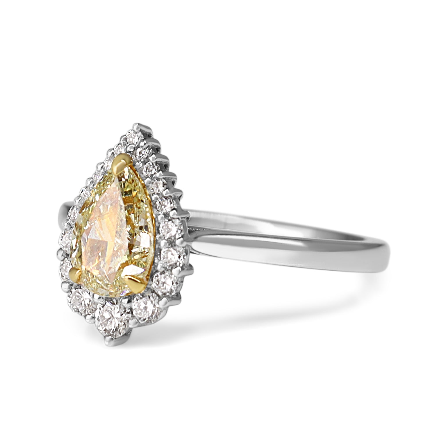 18ct White Gold Yellow Pear Diamond and Graduated Halo Ring