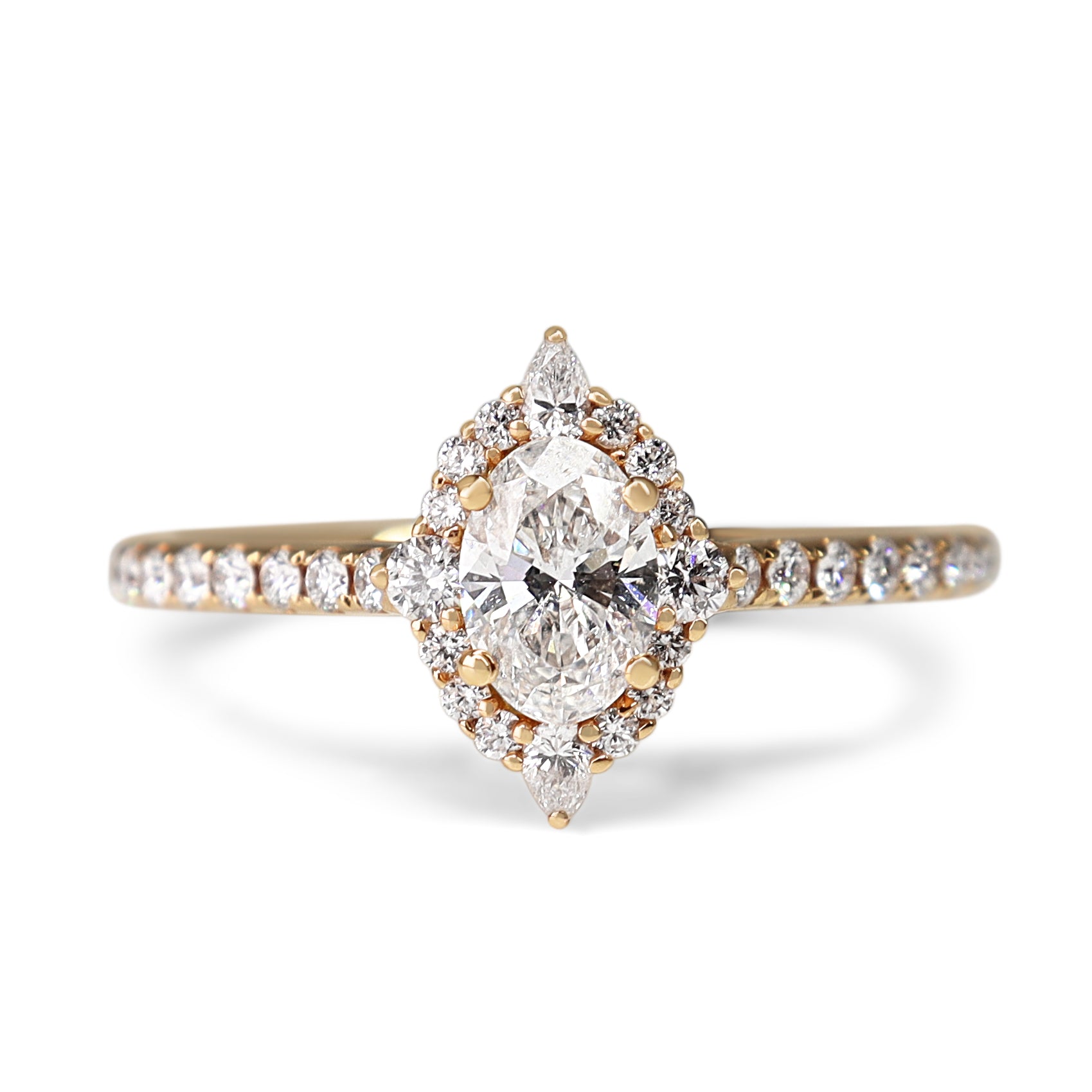 18ct Rose Gold Oval and Pear Diamond Halo Ring