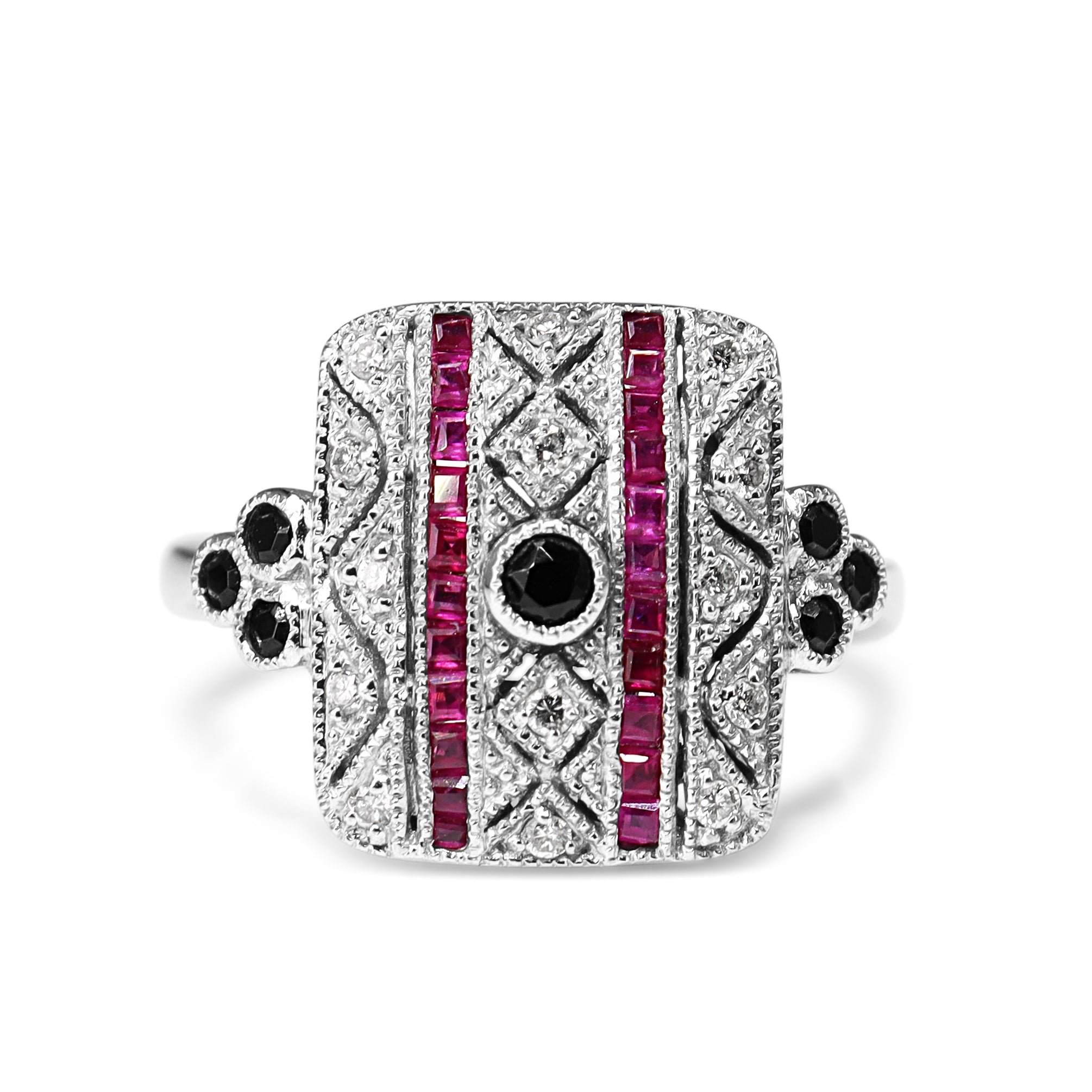 18ct White Gold Ruby, Onyx and Diamond Art Deco Style Ring