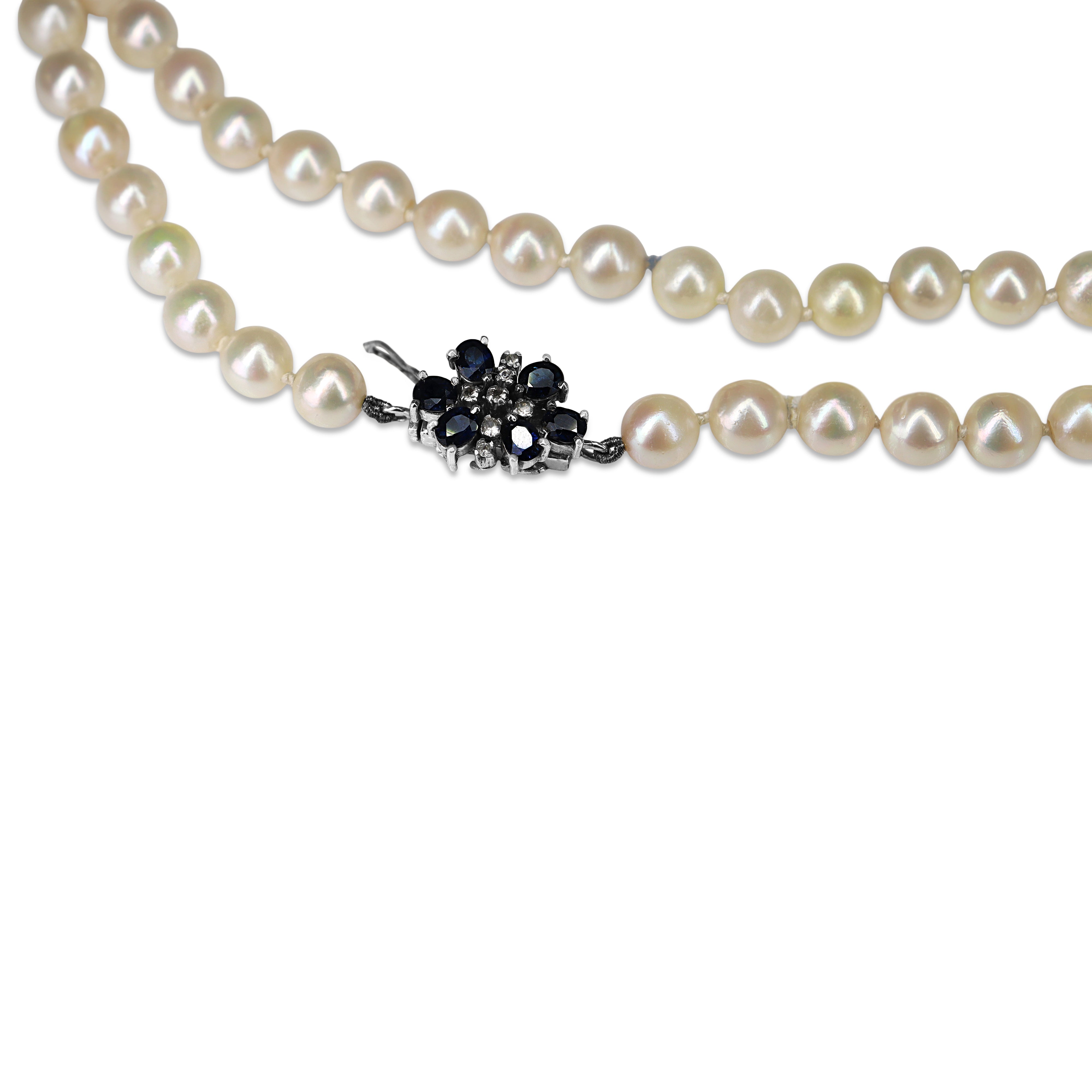 7mm Cultured Pearl Strand on Silver, Sapphire and Diamond Clasp