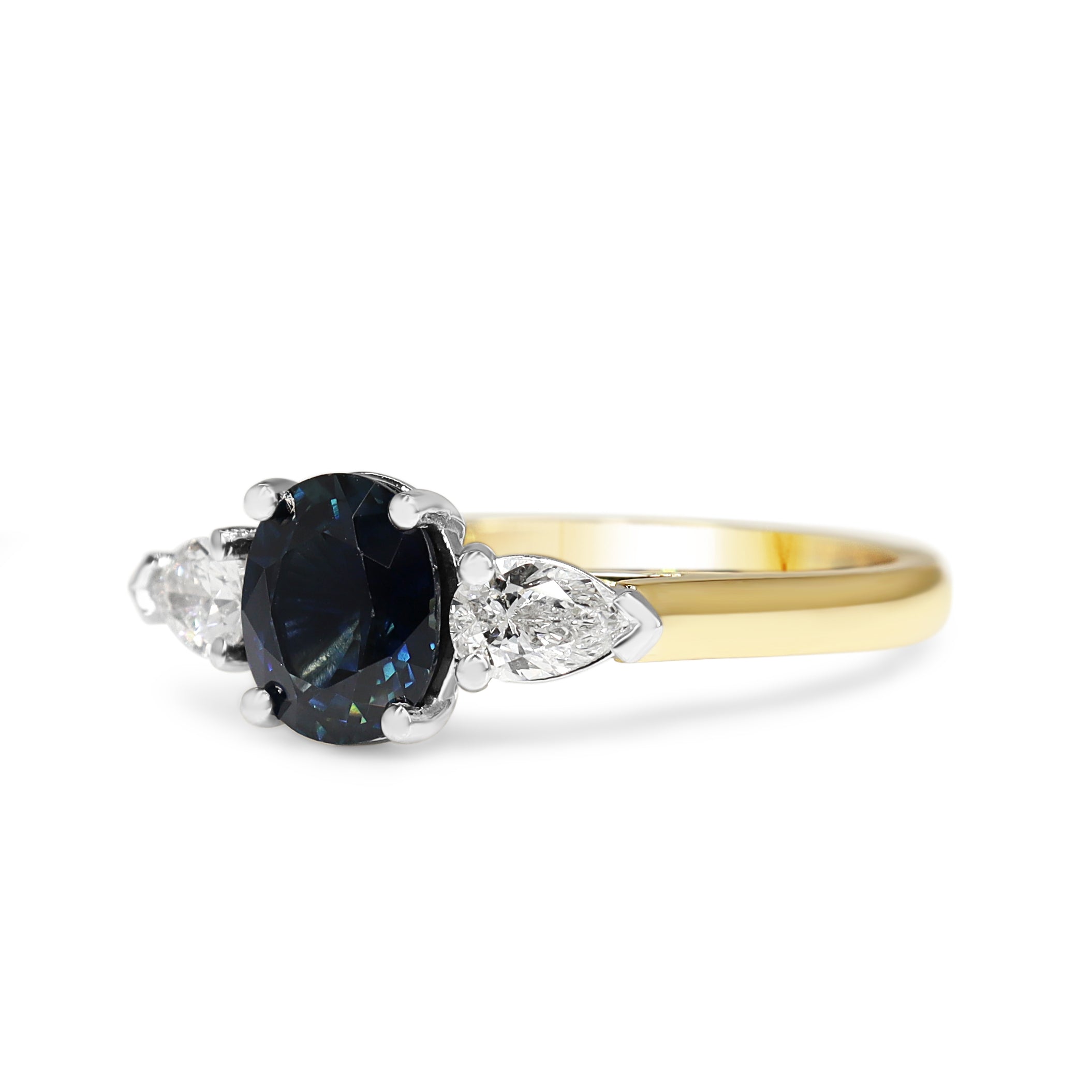 18ct Yellow and White Gold Sapphire and Pear Shaped Diamond 3 Stone Ring