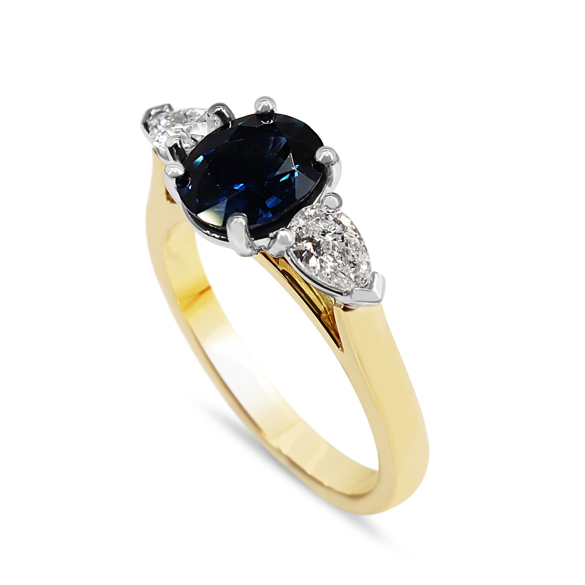 18ct Yellow and White Gold Sapphire and Pear Shaped Diamond 3 Stone Ring