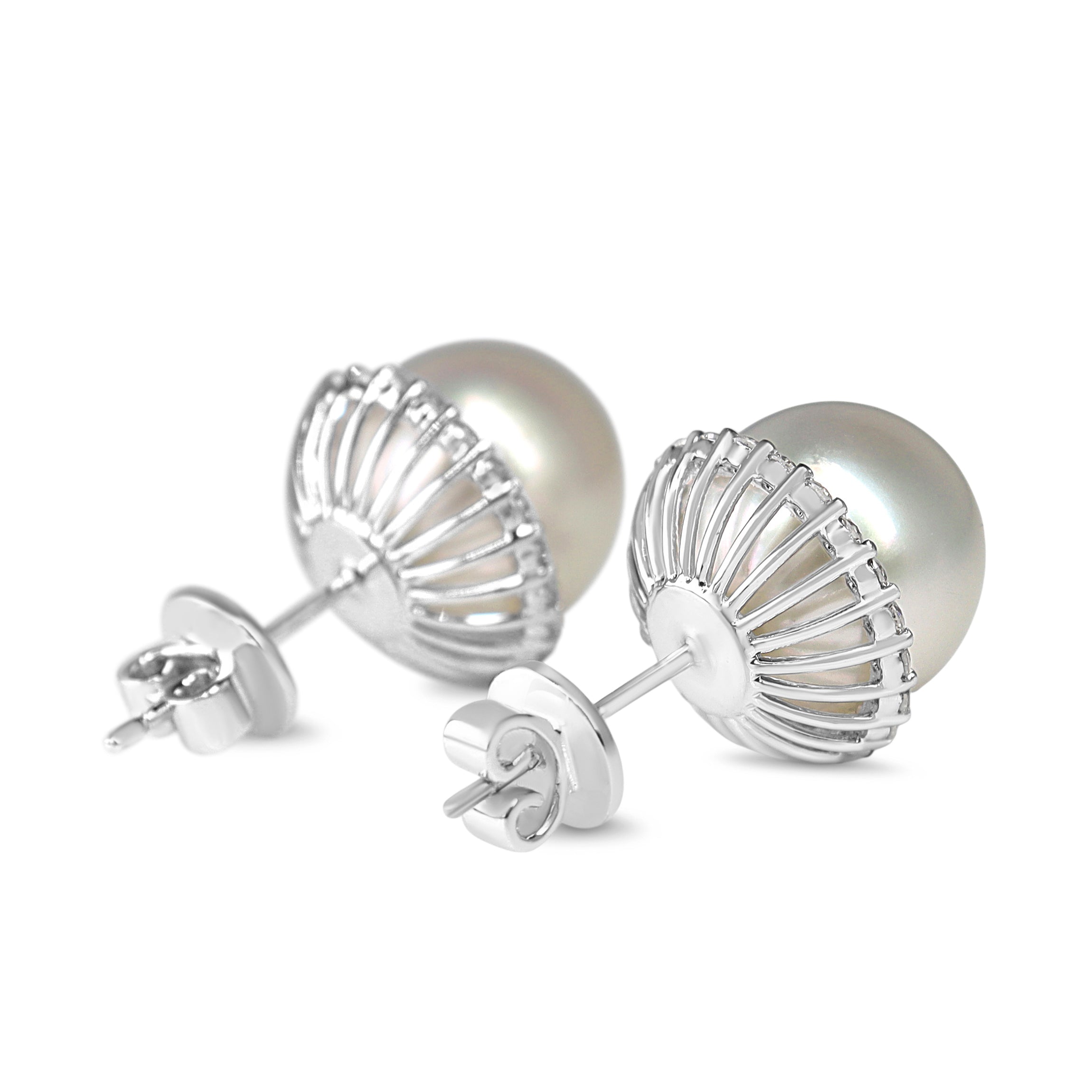 Platinum 11mm South Sea Pearl and Diamond Halo Stud Earrings