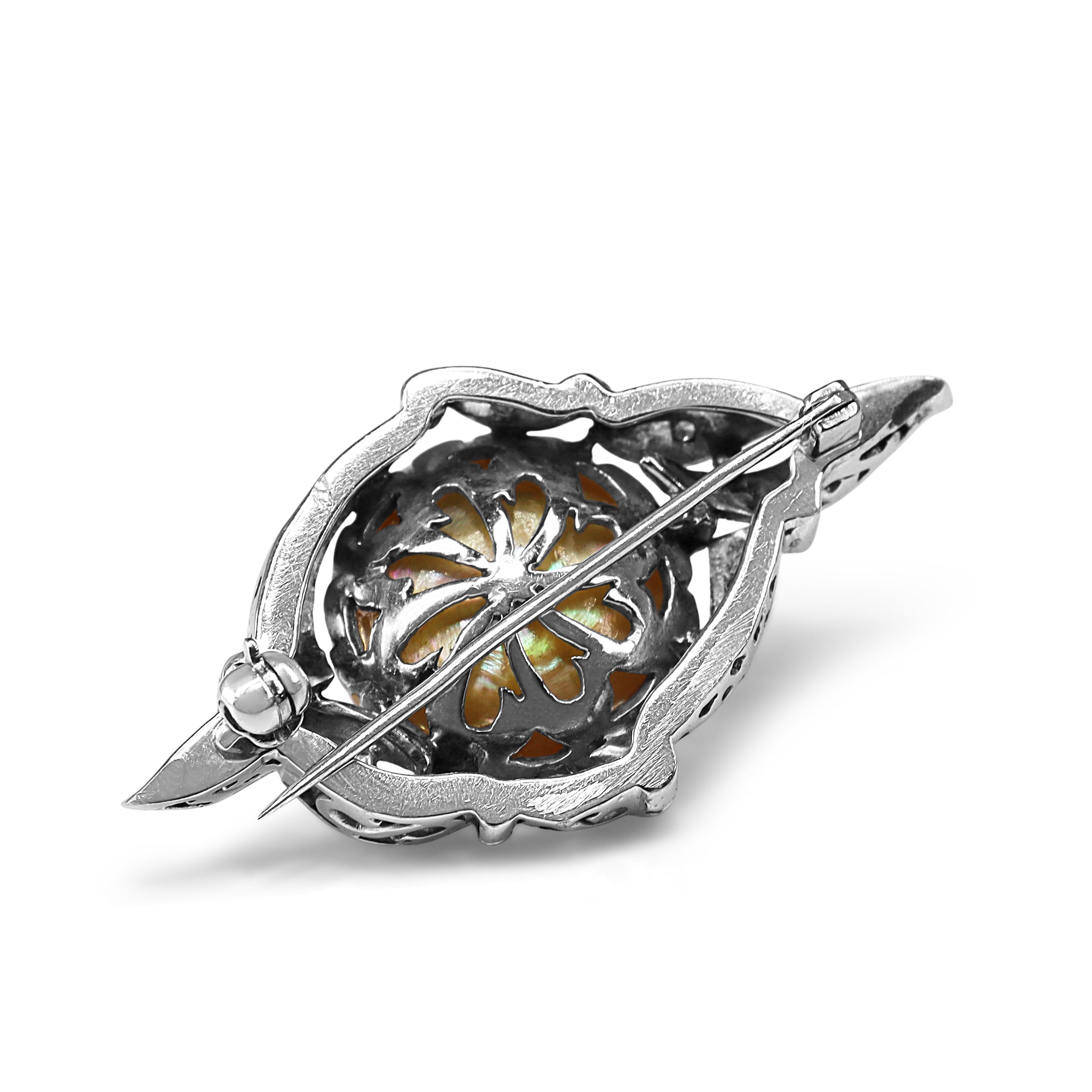 Palladium Single Cut Diamond and Mabé Pearl Brooch
