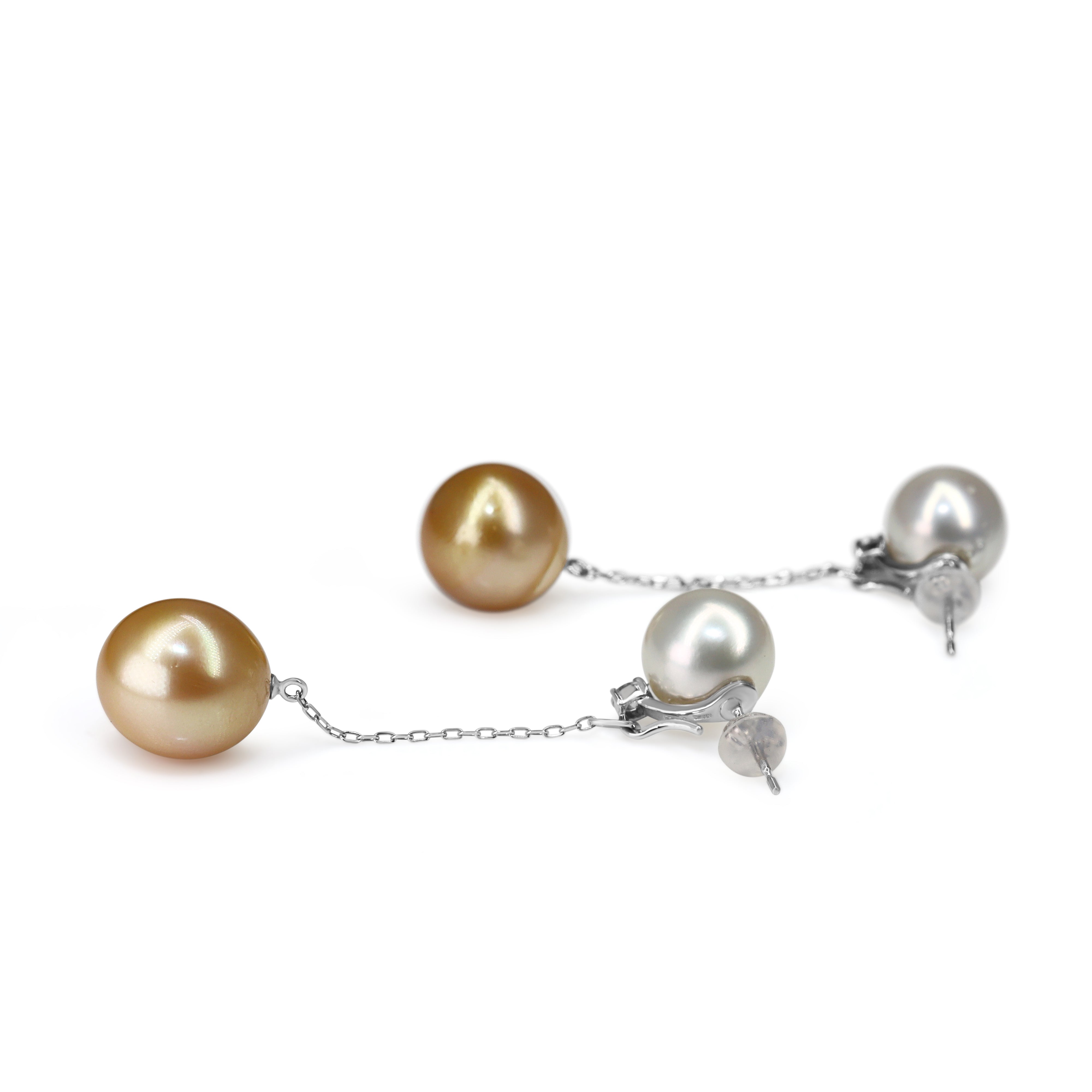 18ct White Gold White and Golden South Sea Pearl and Diamond Drop Earrings