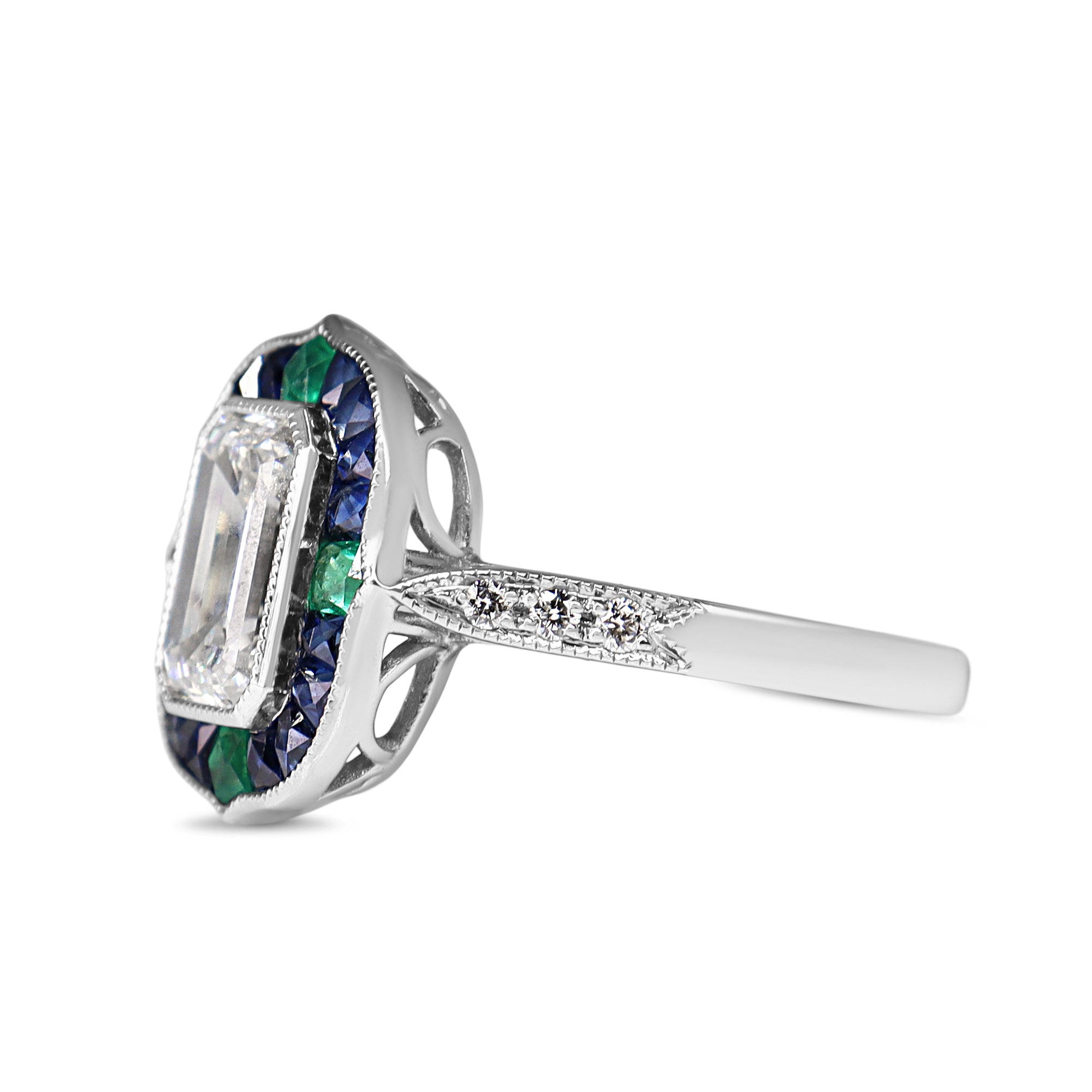 Platinum Lab Grown Emerald Cut Diamond and Sapphire and Emerald Art Deco Style Halo Ring