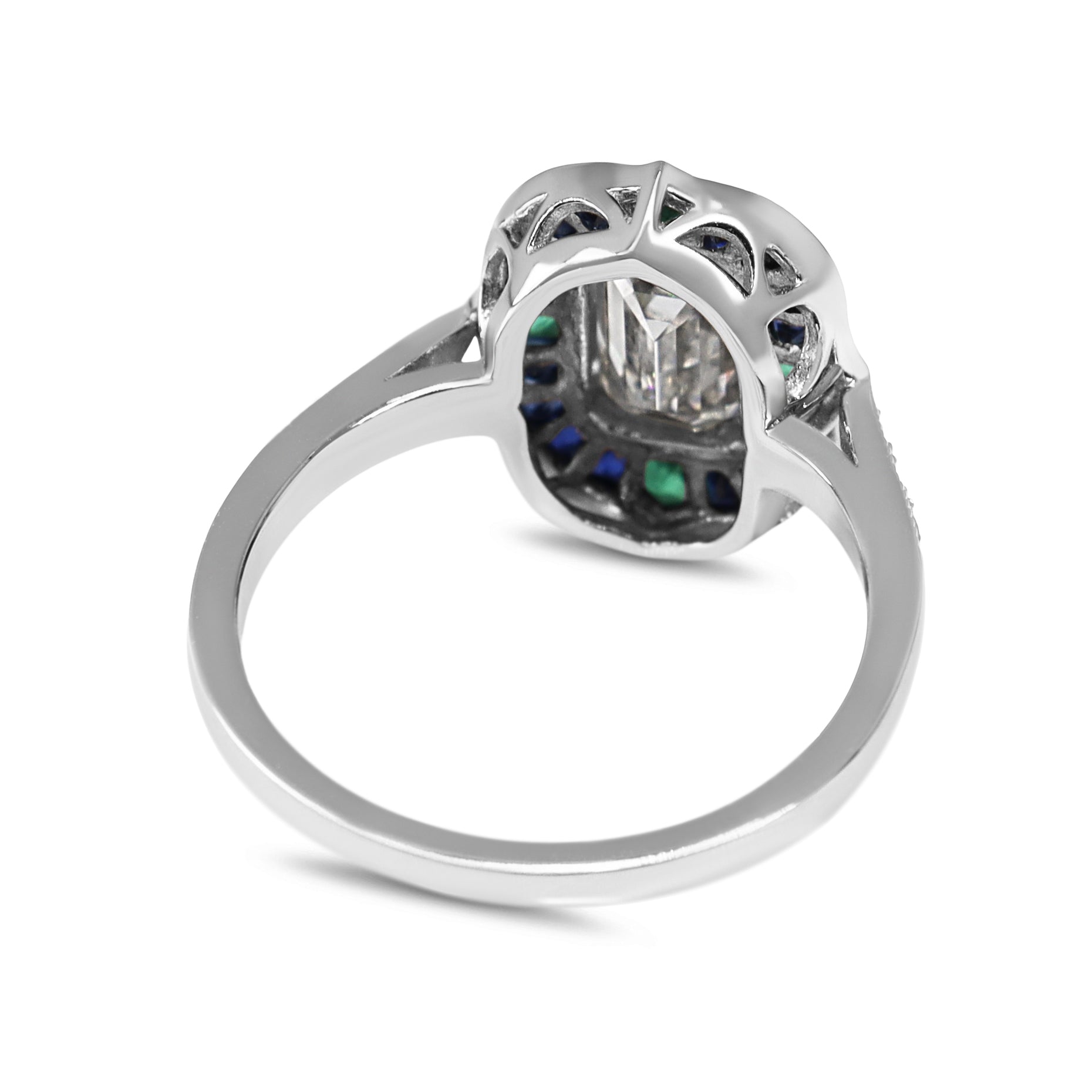 Platinum Lab Grown Emerald Cut Diamond and Sapphire and Emerald Art Deco Style Halo Ring