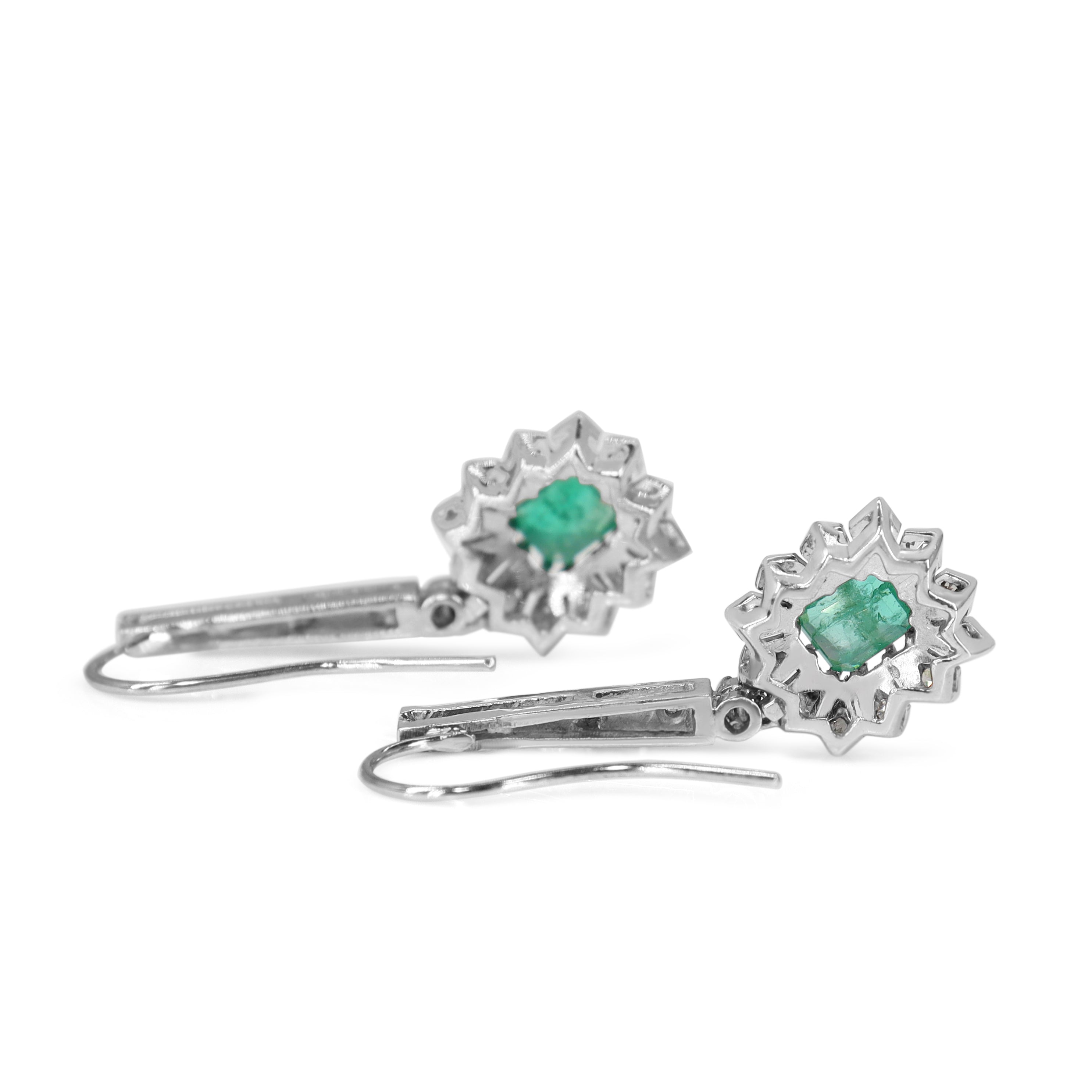 Palladium Emerald and Single Cut Diamond Earrings