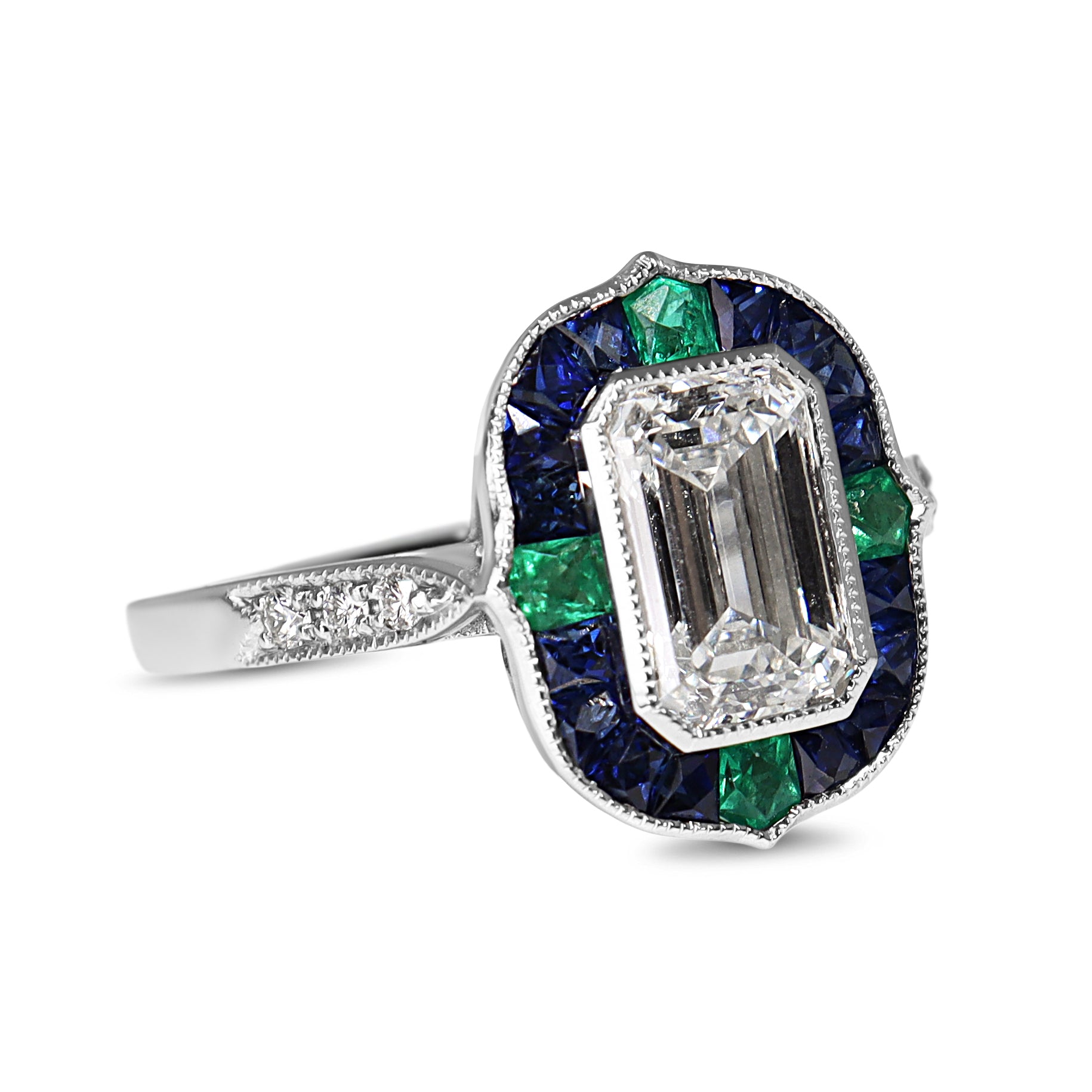 Platinum Lab Grown Emerald Cut Diamond and Sapphire and Emerald Art Deco Style Halo Ring