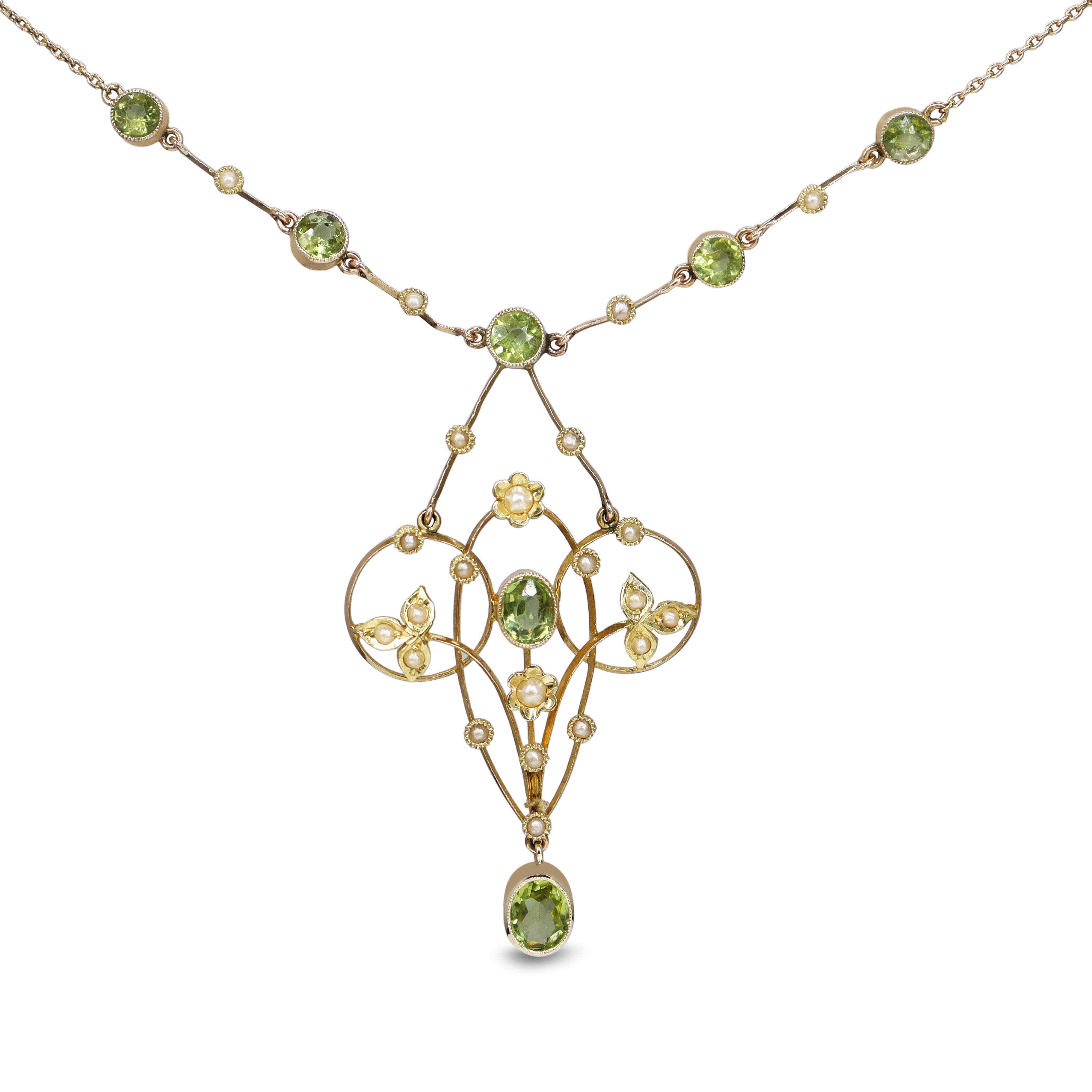 9ct Yellow Gold Edwardian Antique Peridot and Seed Pearl Necklace