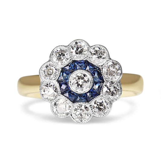 18ct Yellow and White Gold Antique Sapphire and Old Cut Diamond Daisy Ring