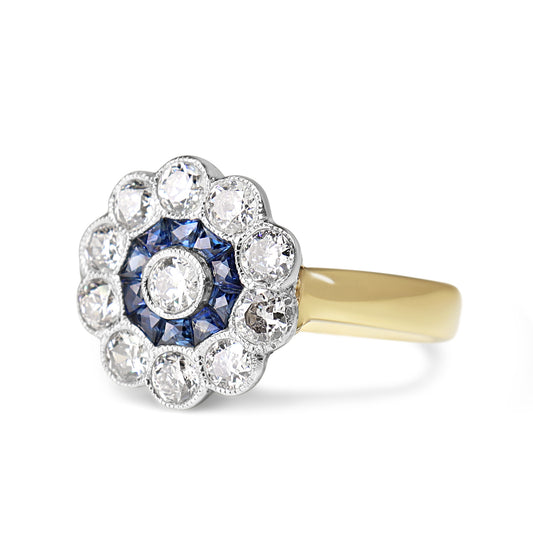 18ct Yellow and White Gold Antique Sapphire and Old Cut Diamond Daisy Ring