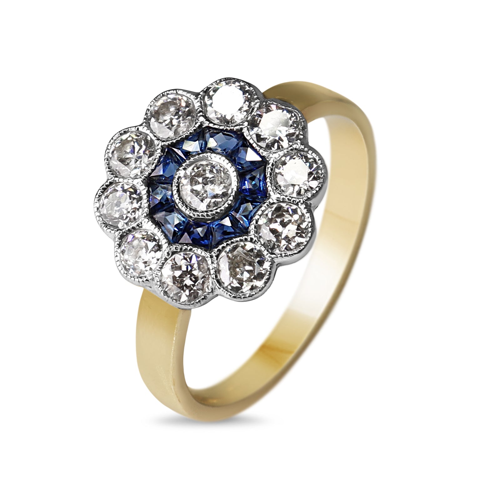 18ct Yellow and White Gold Antique Sapphire and Old Cut Diamond Daisy Ring