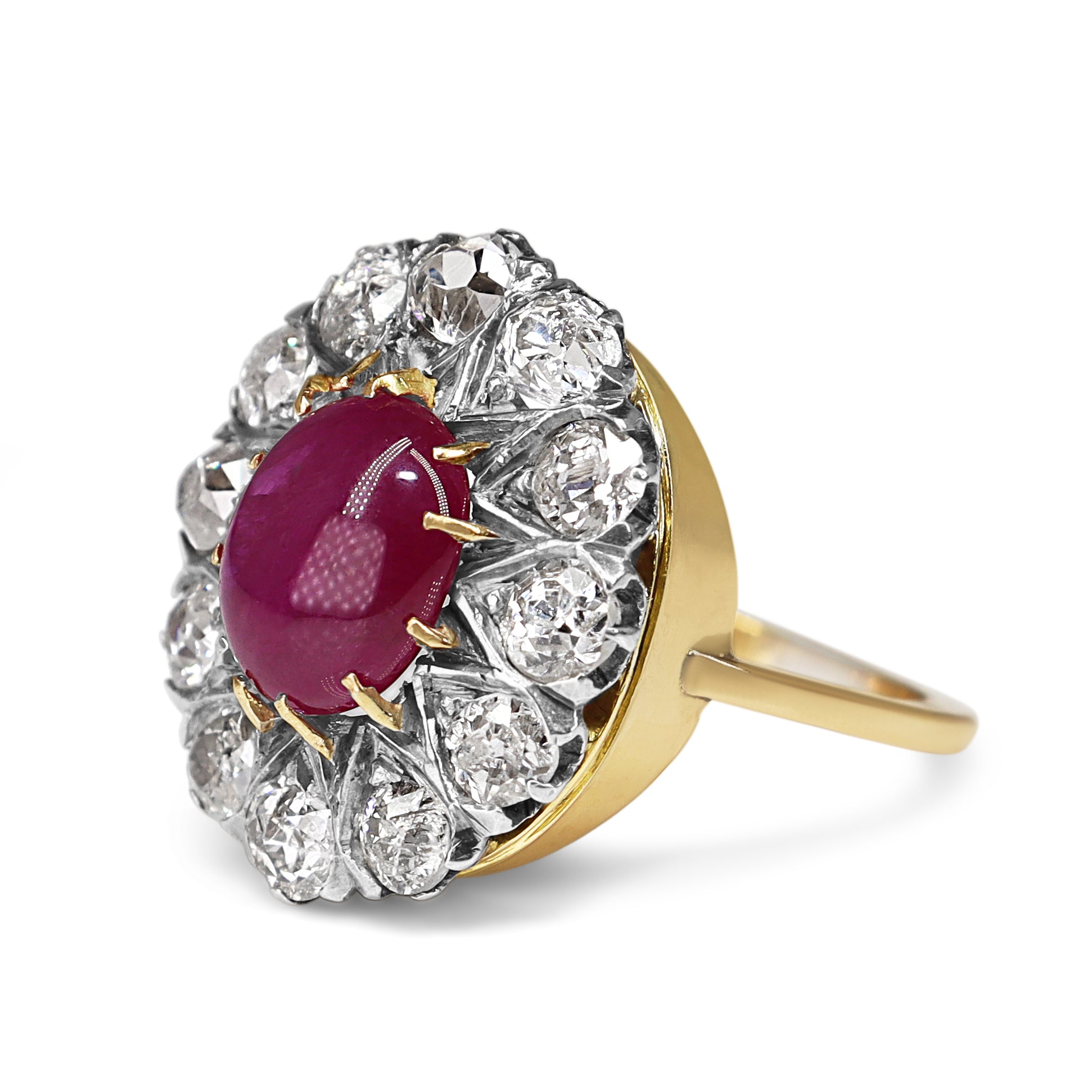14ct Yellow and White Gold Antique Cabochon Ruby and Old Cut Diamond Cluster Ring
