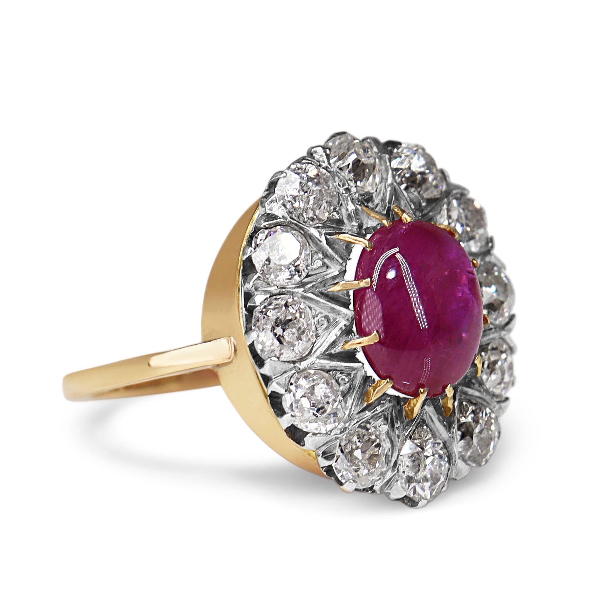 14ct Yellow and White Gold Antique Cabochon Ruby and Old Cut Diamond Cluster Ring