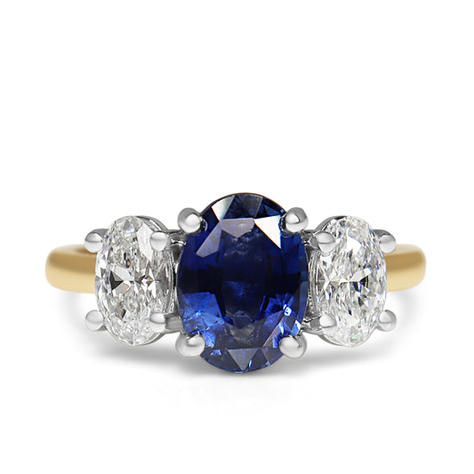 18ct Yellow and White Gold Oval Sapphire and Diamond 3 Stone Ring