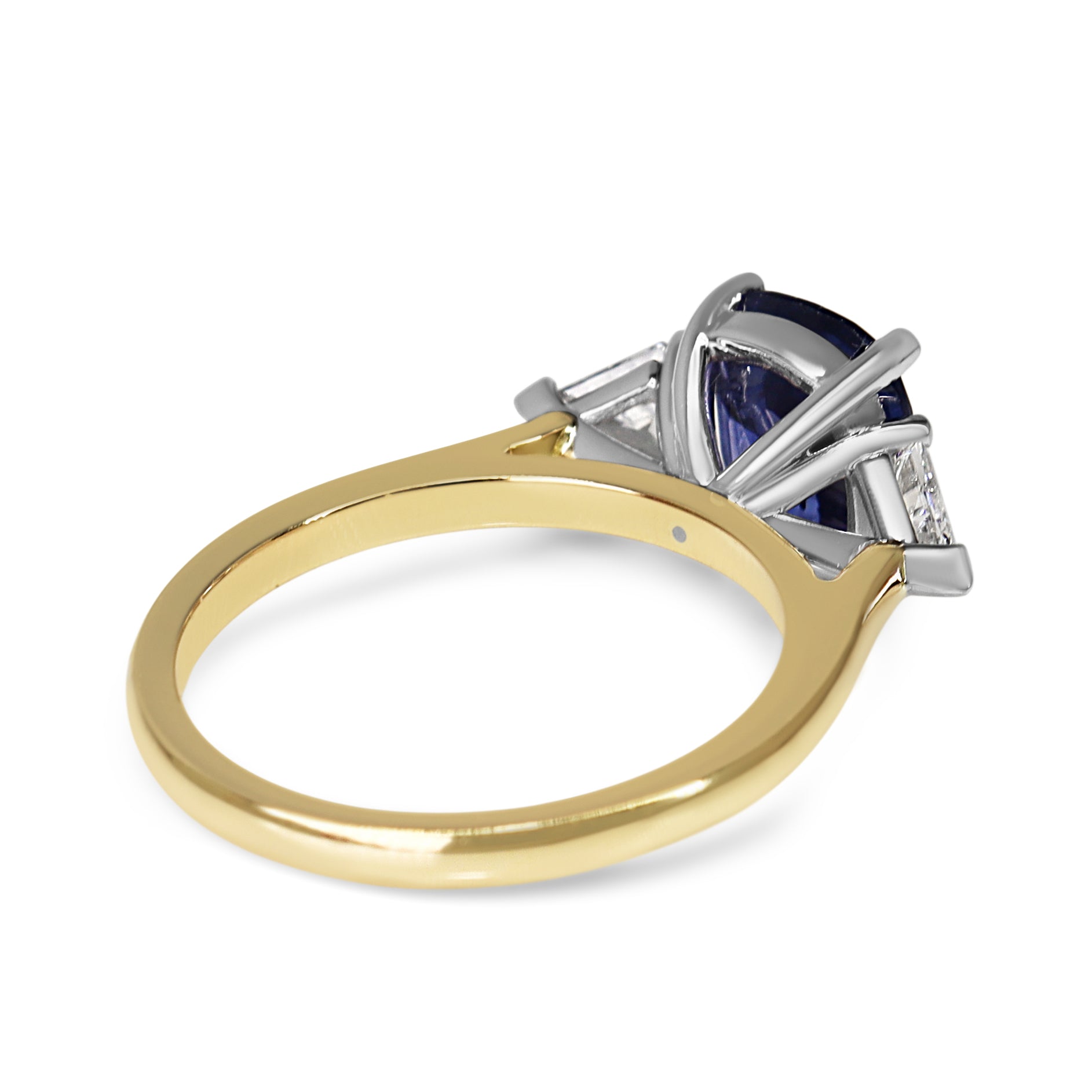 18ct Yellow and White Gold Cushion Sapphire and Trillion Diamond 3 Stone Ring