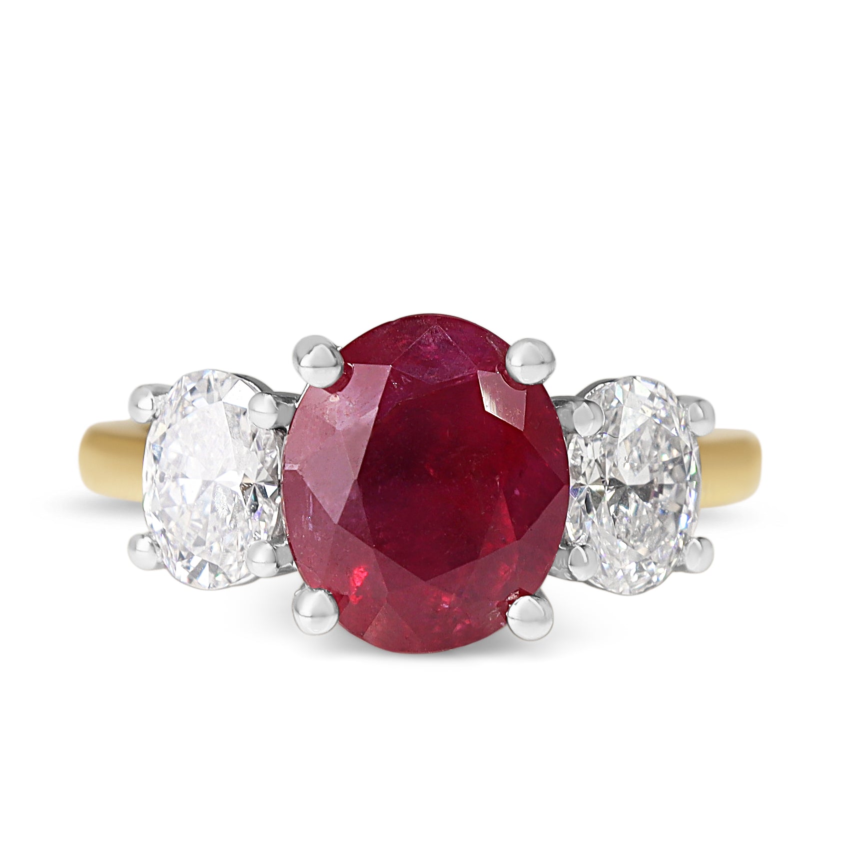 18ct Yellow and White Gold Oval Ruby and Diamond 3 Stone Ring