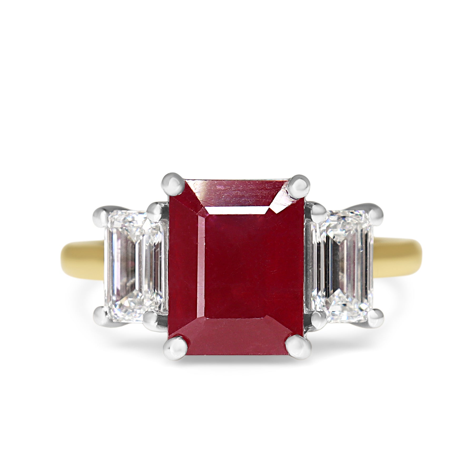 18ct Yellow and White Gold Emerald Cut Ruby and Diamond 3 Stone Ring