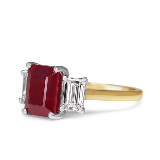 18ct Yellow and White Gold Emerald Cut Ruby and Diamond 3 Stone Ring