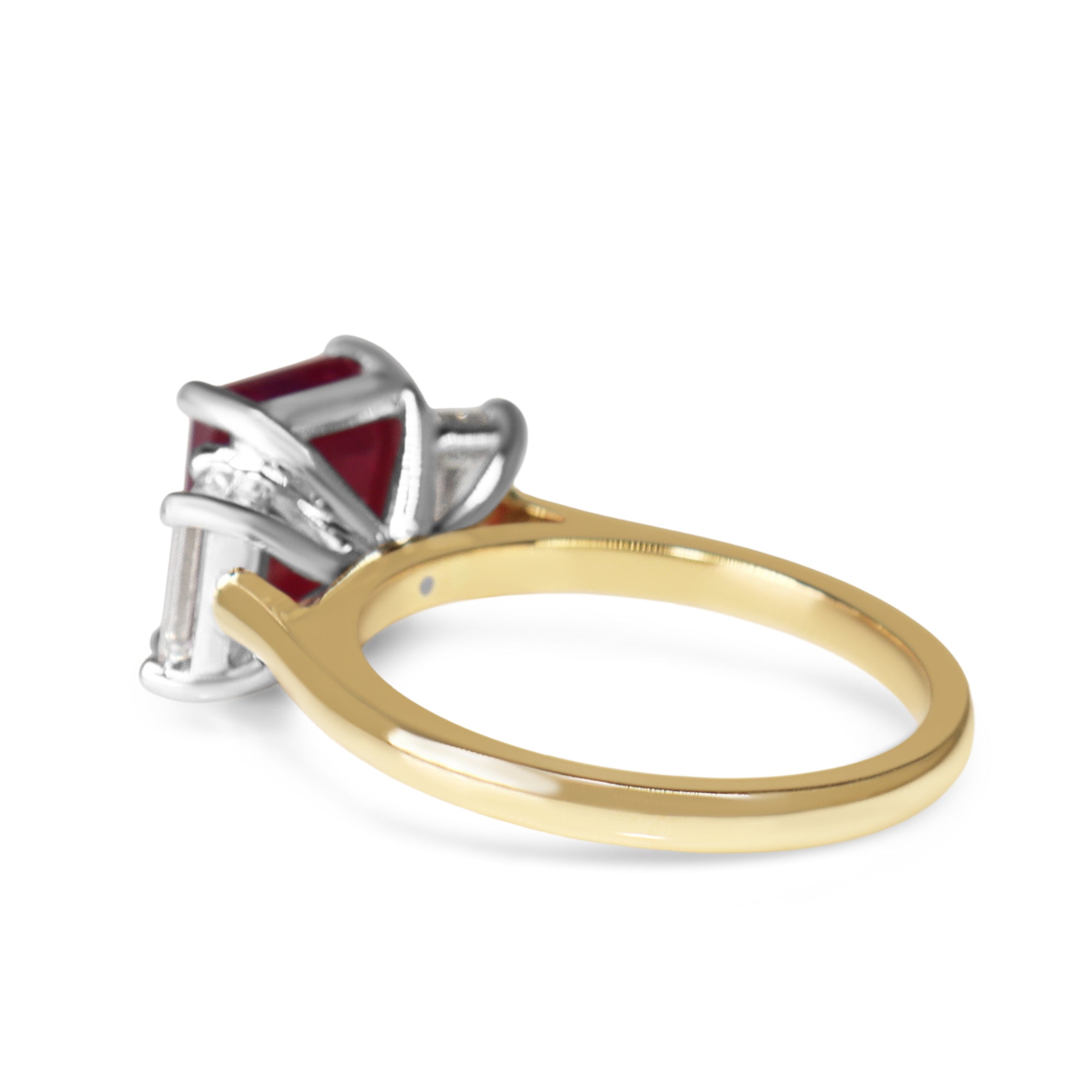 18ct Yellow and White Gold Emerald Cut Ruby and Diamond 3 Stone Ring