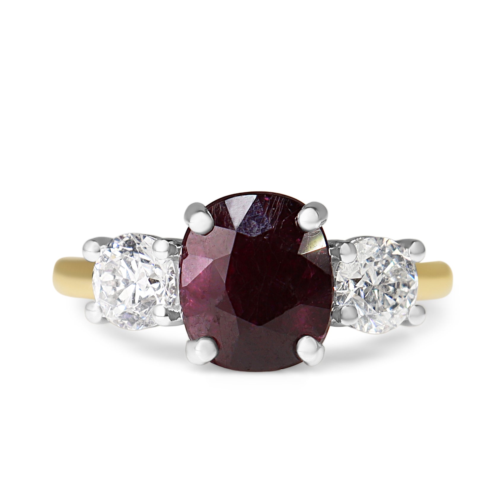 18ct Yellow and White Gold Oval Ruby and Round Diamond 3 Stone Ring