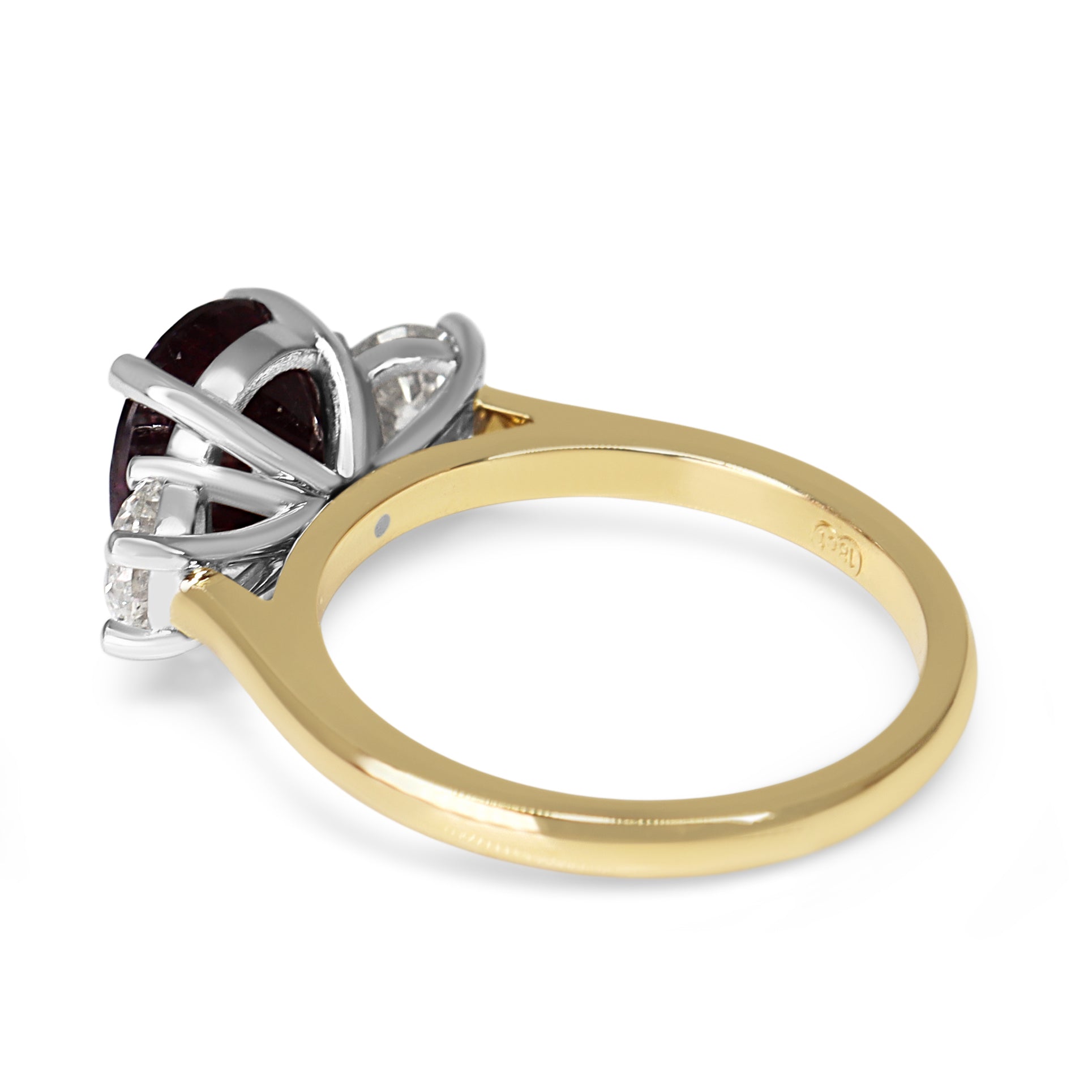 18ct Yellow and White Gold Oval Ruby and Round Diamond 3 Stone Ring
