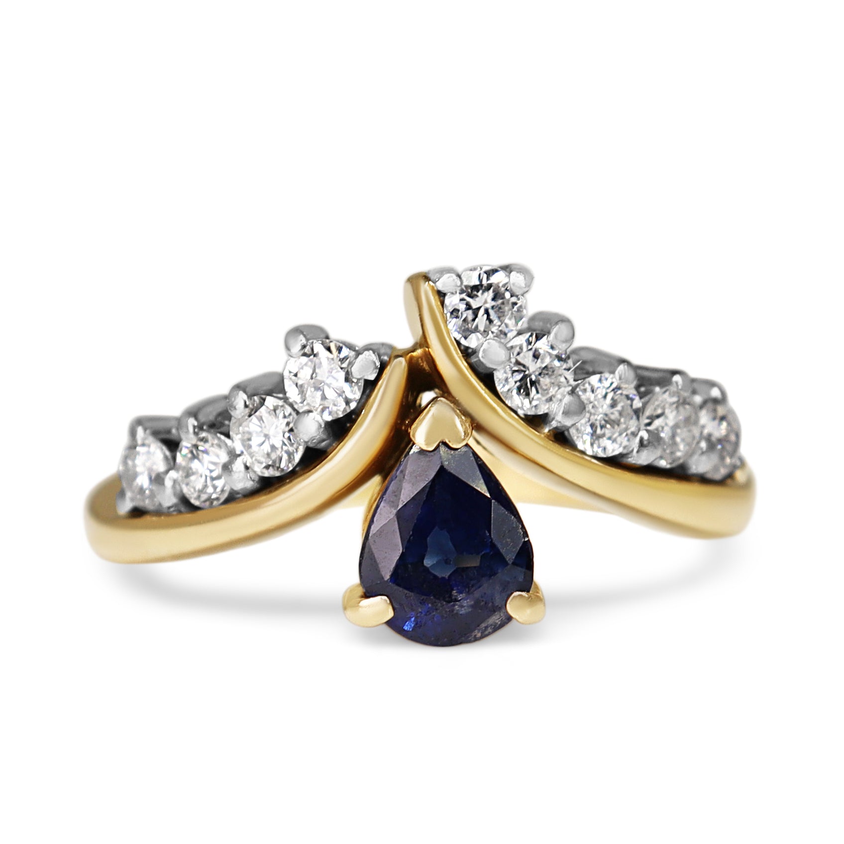 14ct Yellow and White Gold Pear Shaped Sapphire and Diamond Tiara Style Ring