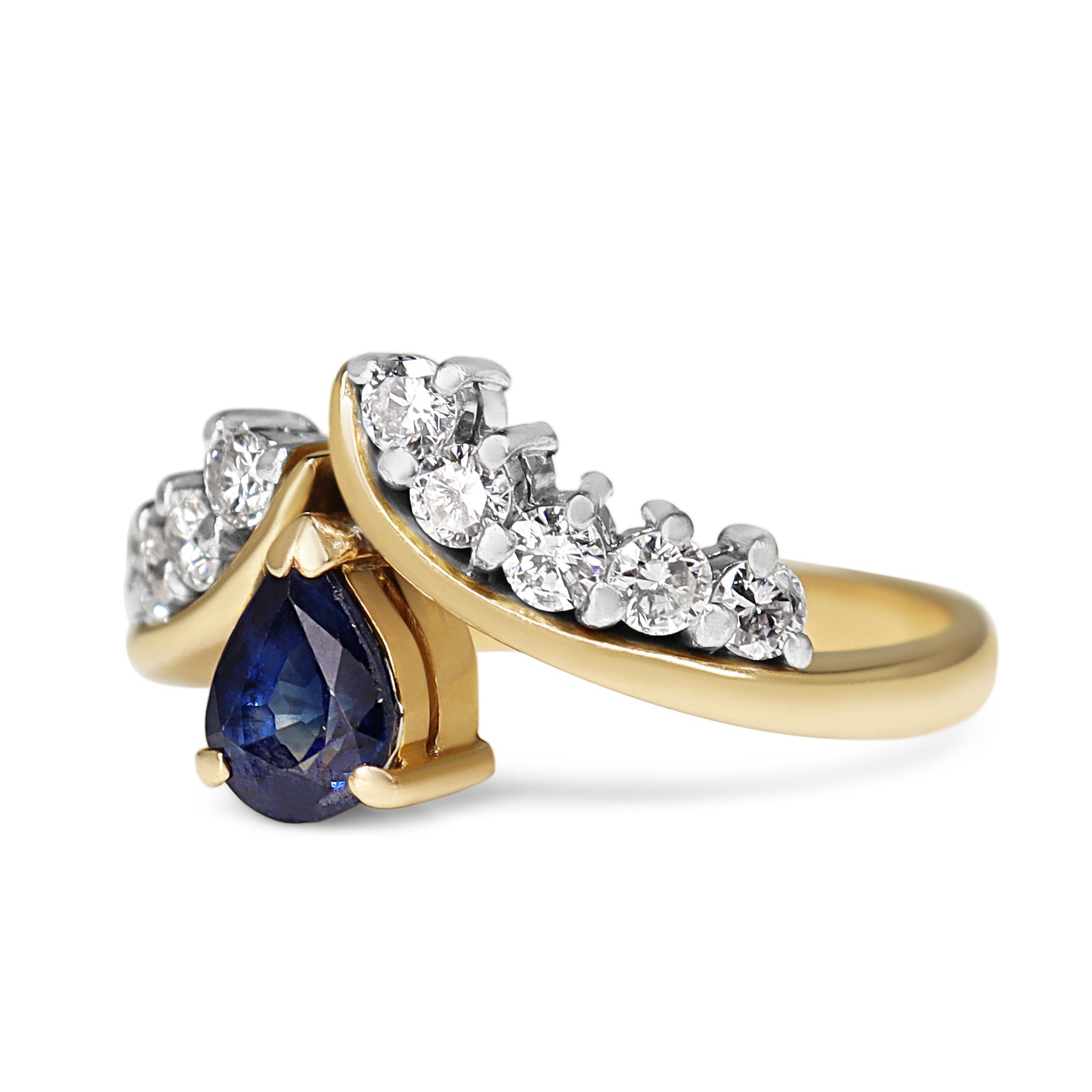 14ct Yellow and White Gold Pear Shaped Sapphire and Diamond Tiara Style Ring