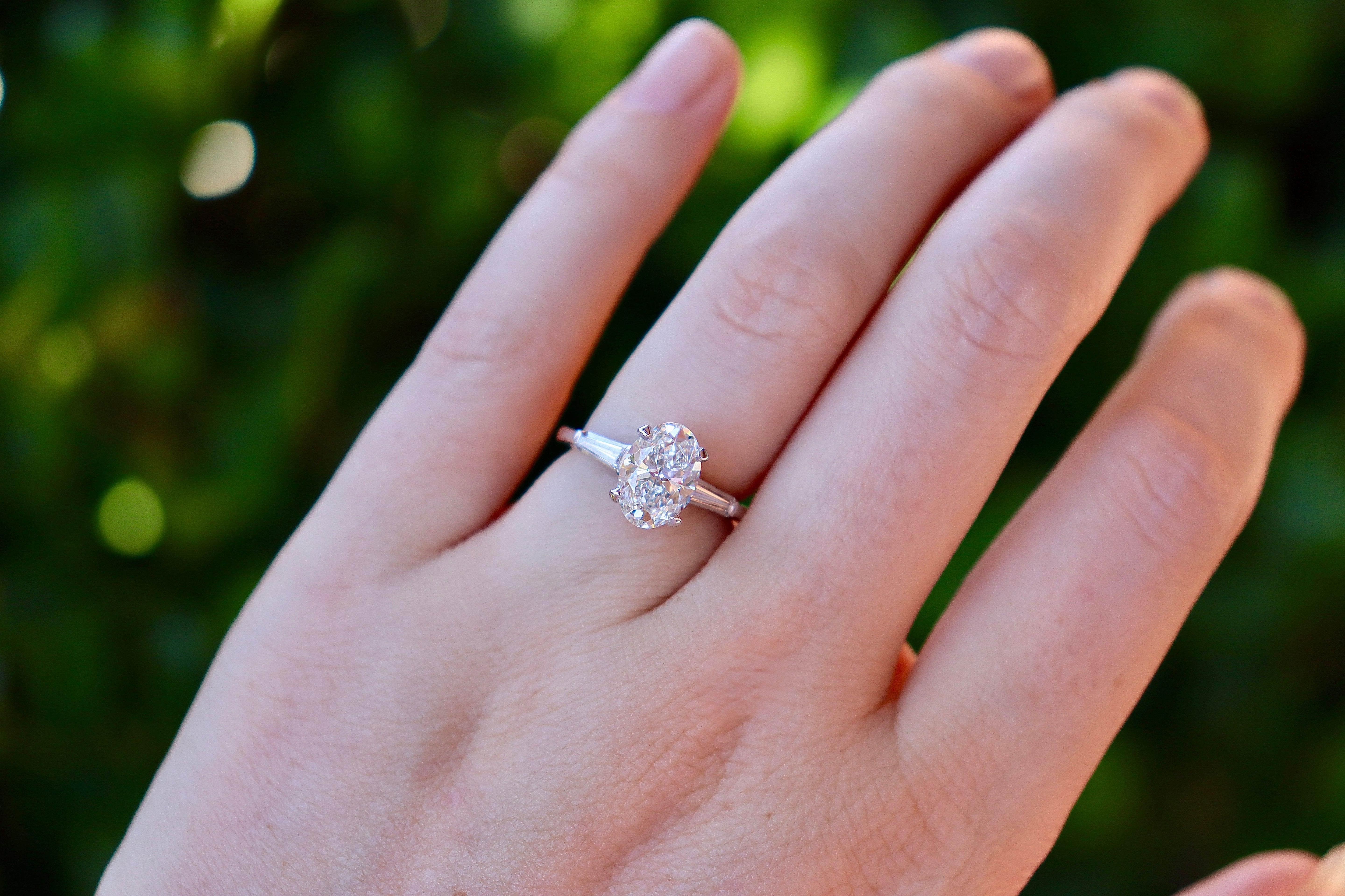 Platinum Lab Grown 2.00ct Oval Diamond Ring with Tapered Baguette Diamonds