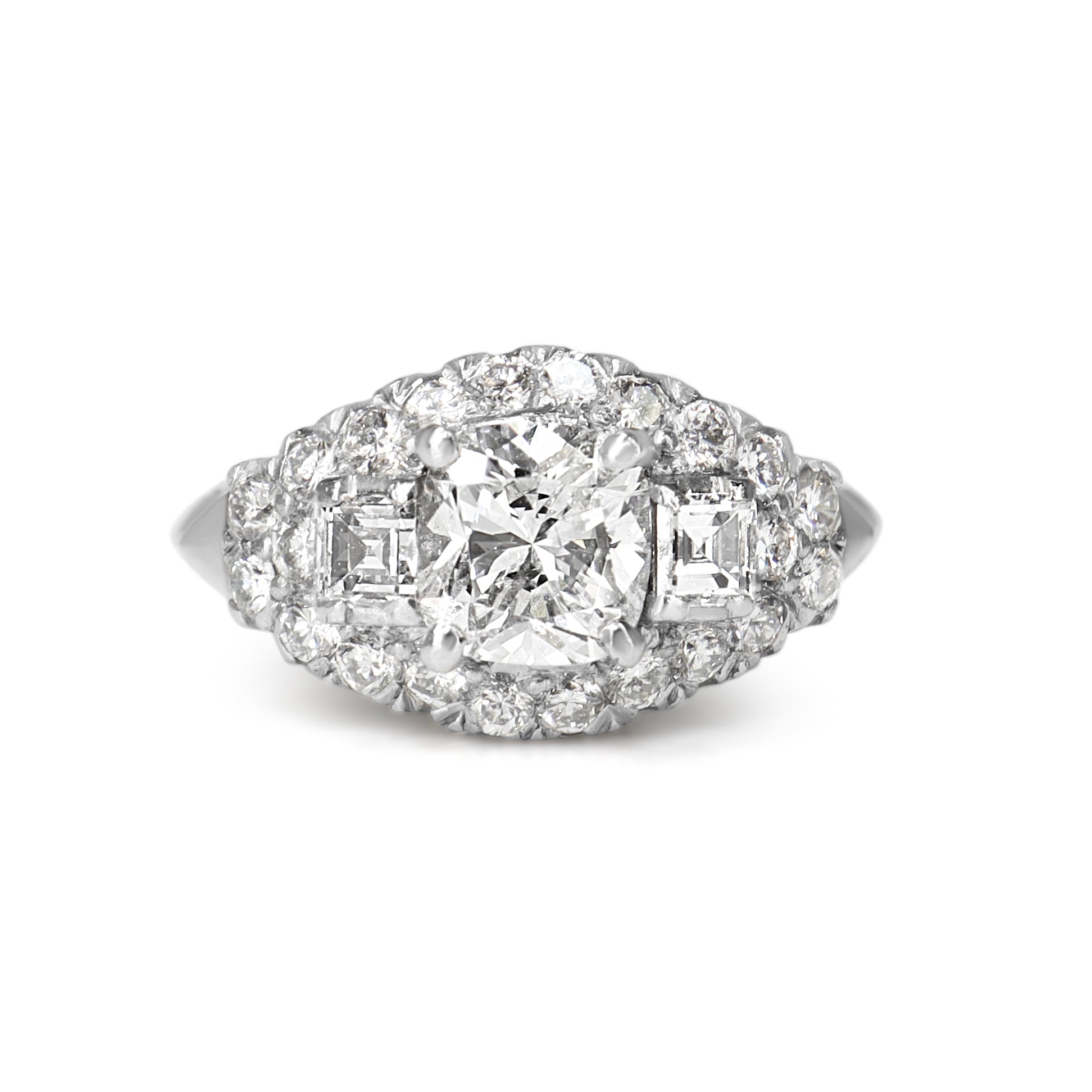 Platinum Vintage Cushion and Carre Cut Diamond Ring