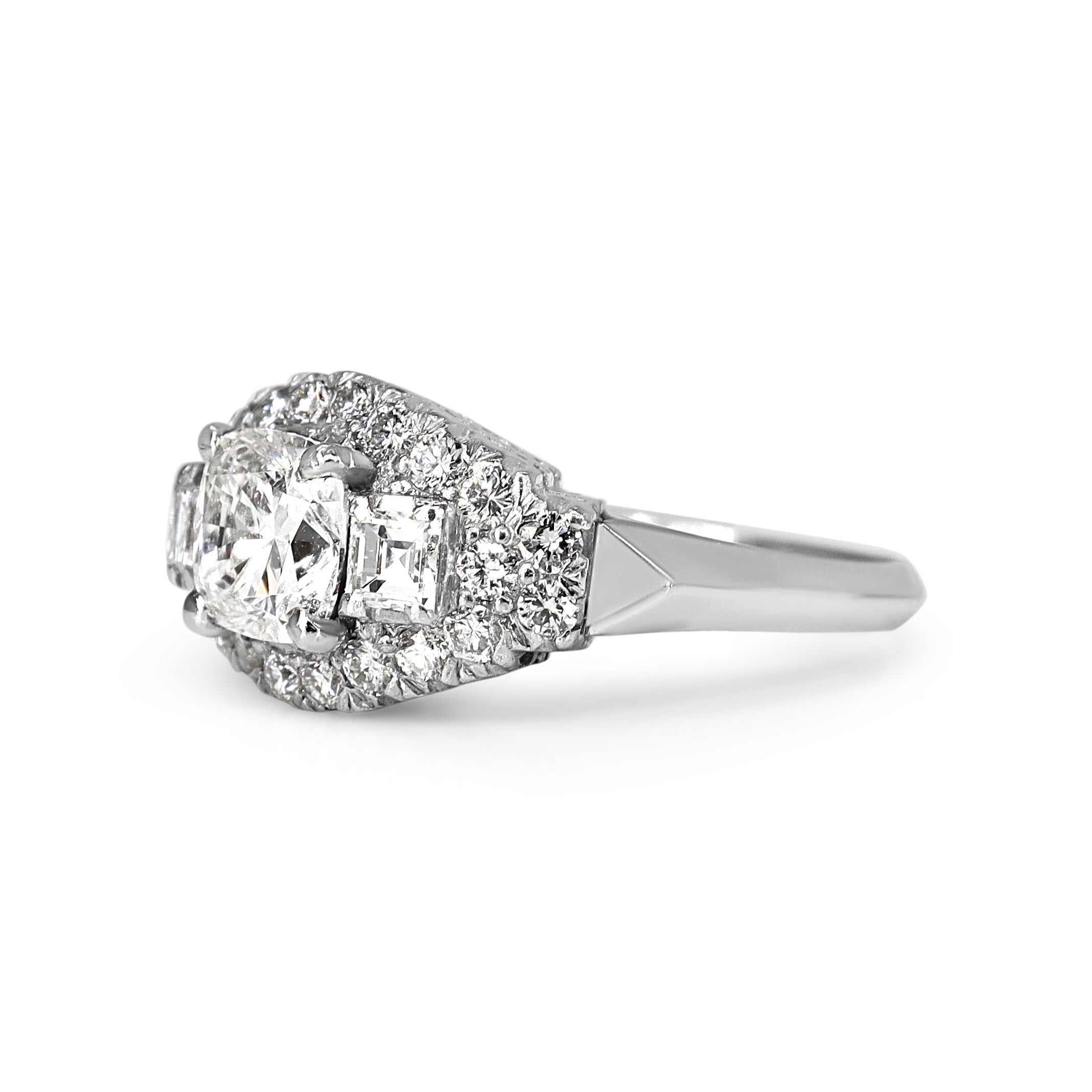 Platinum Vintage Cushion and Carre Cut Diamond Ring