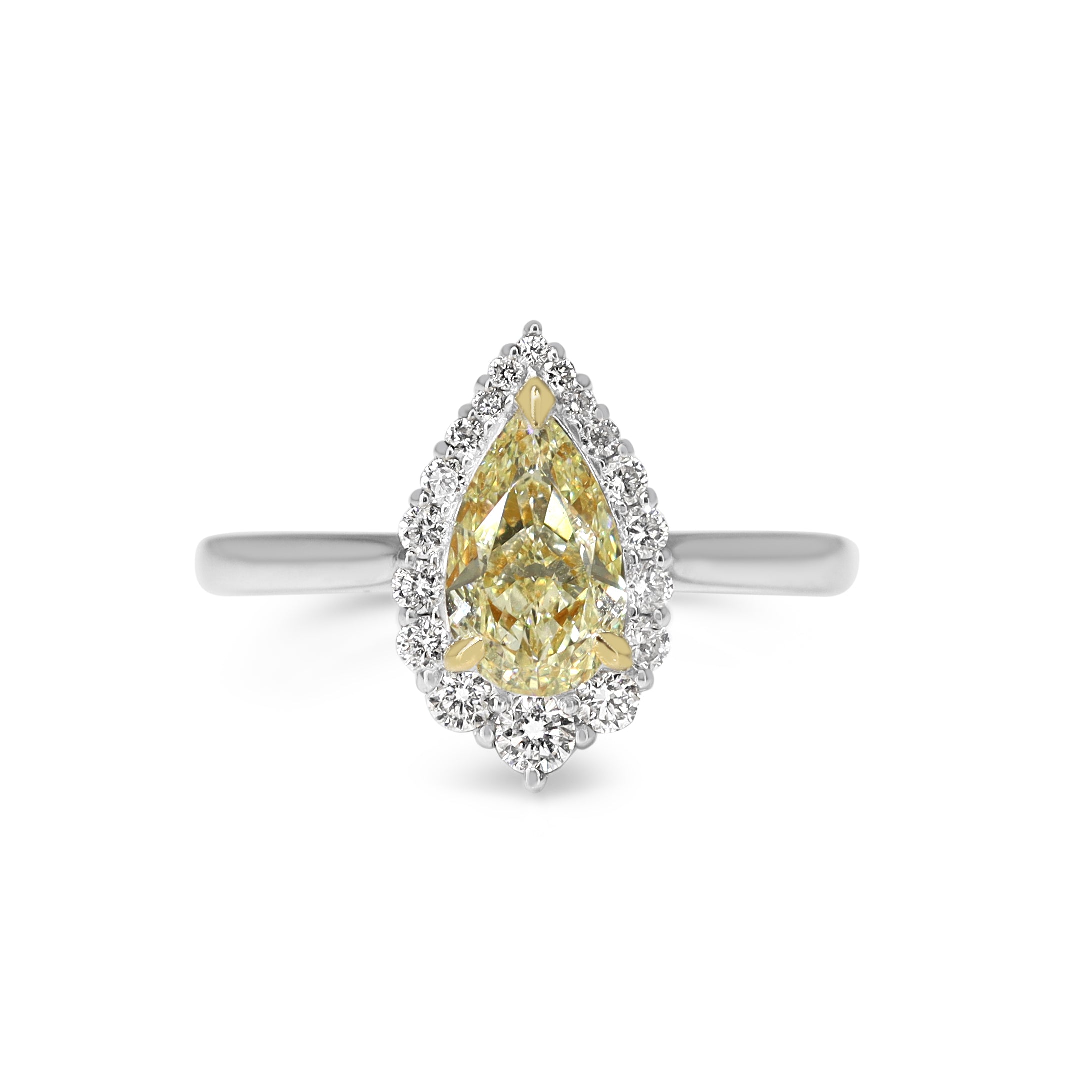 18ct Yellow and White Gold Yellow Pear Diamond Halo Ring
