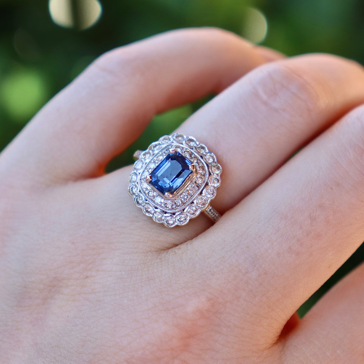 18ct Yellow and White Gold Sapphire and Diamond Double Halo Ring