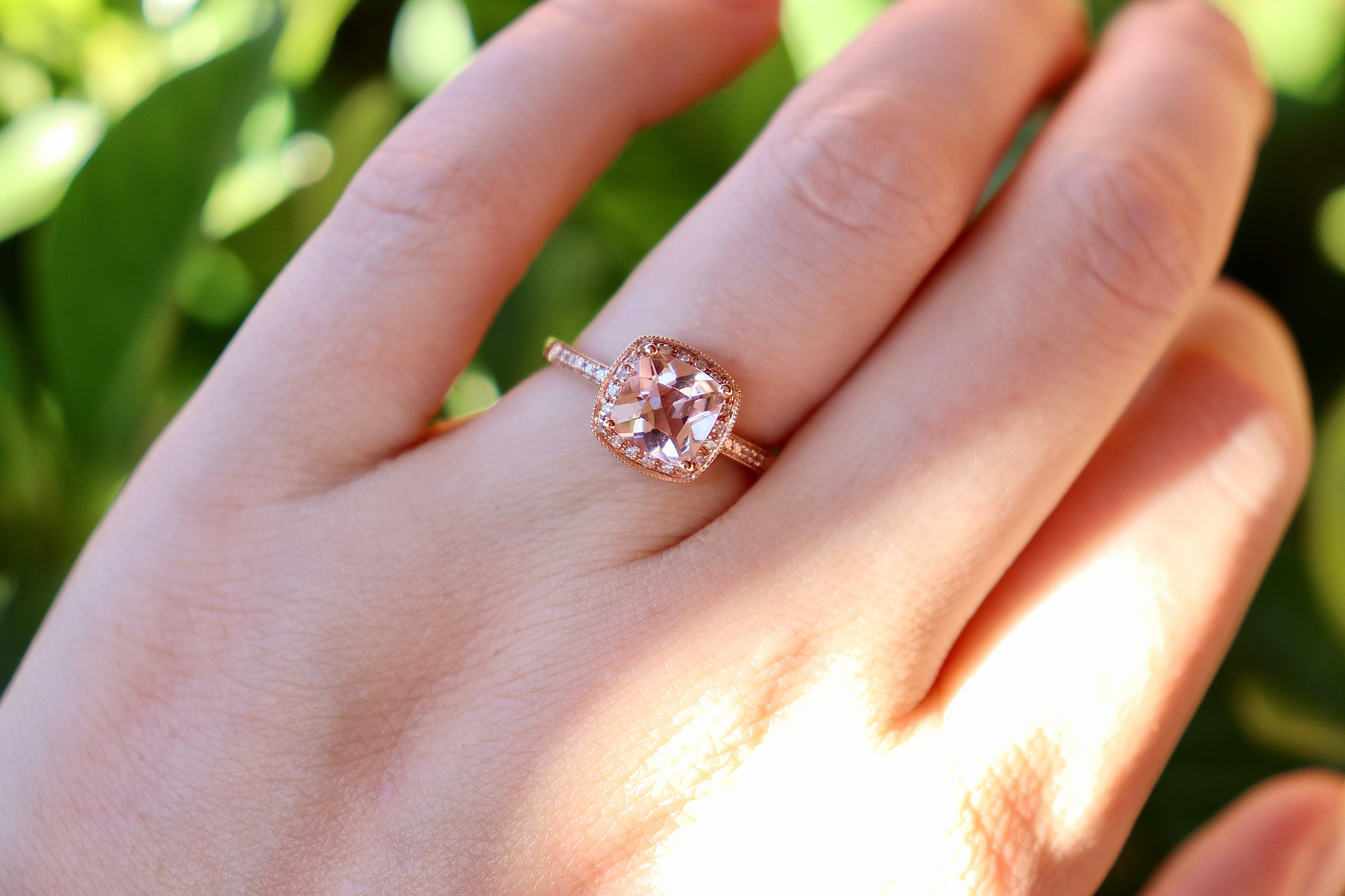 14ct Rose Gold Morganite and Diamond Halo Ring