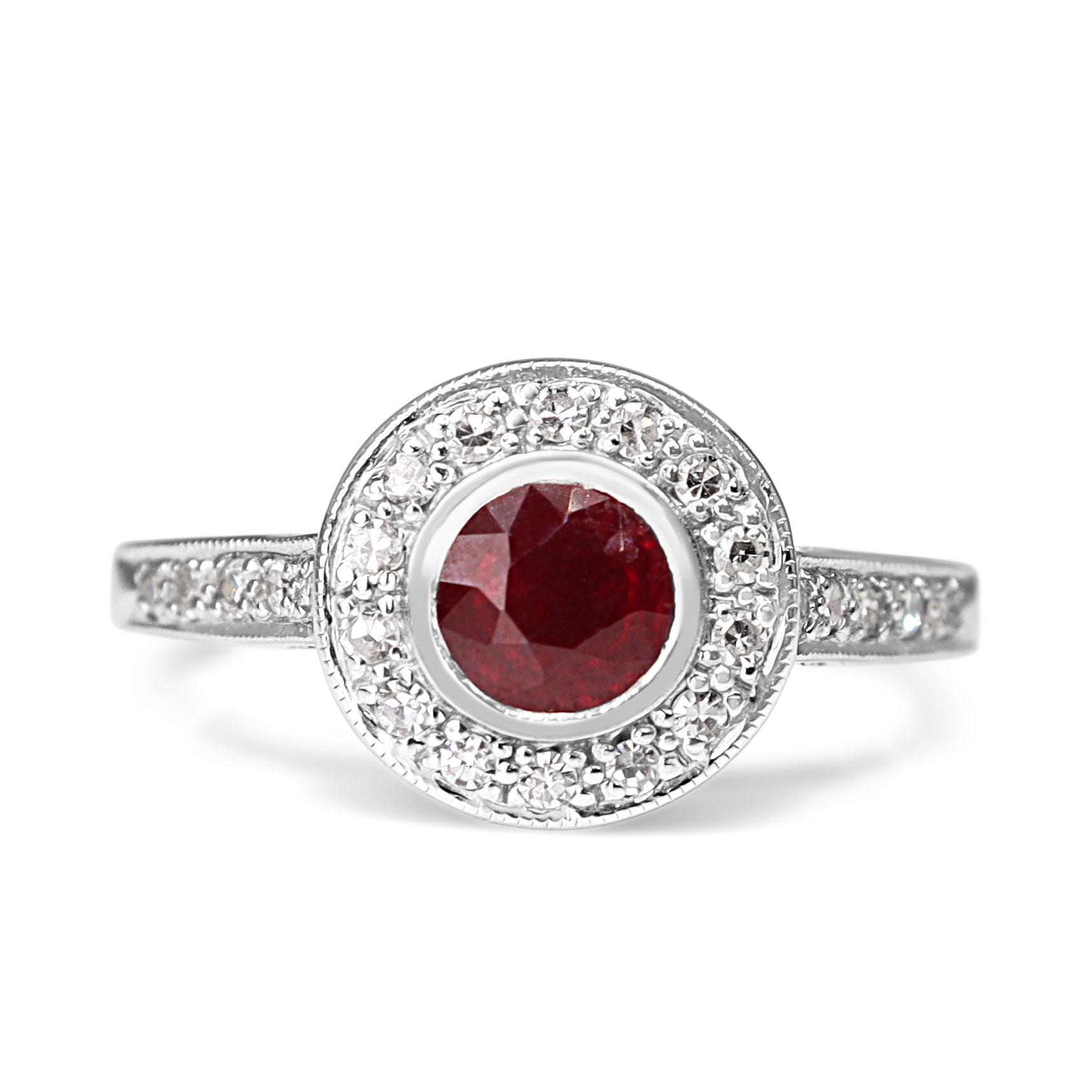 18ct White Gold Ruby and Single Cut Diamond Halo Ring