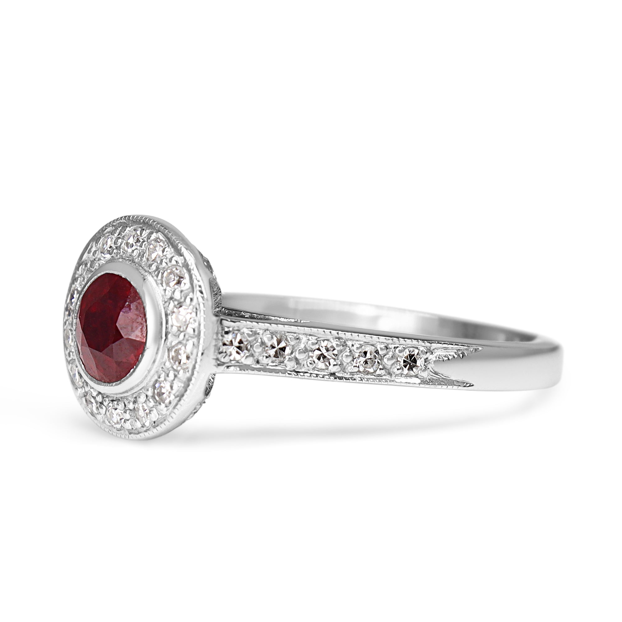 18ct White Gold Ruby and Single Cut Diamond Halo Ring